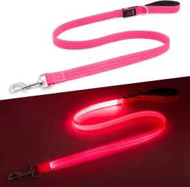 LED Dog Leash, 4 Ft Light Up, USB Rechargeable, Waterproof, Nylon Reflective with Padded Handle, Glow in The Dark for Large, Medium, Small Pets (Pink)