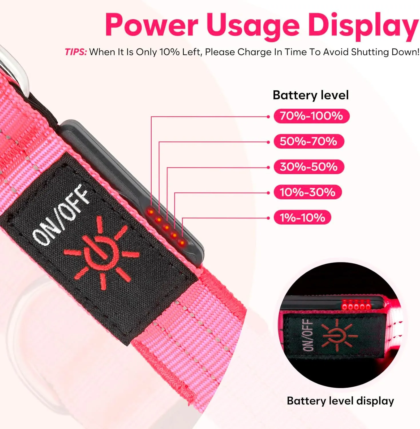 LED Dog Leash, 4 Ft Light Up, USB Rechargeable, Waterproof, Nylon Reflective with Padded Handle, Glow in The Dark for Large, Medium, Small Pets (Pink)