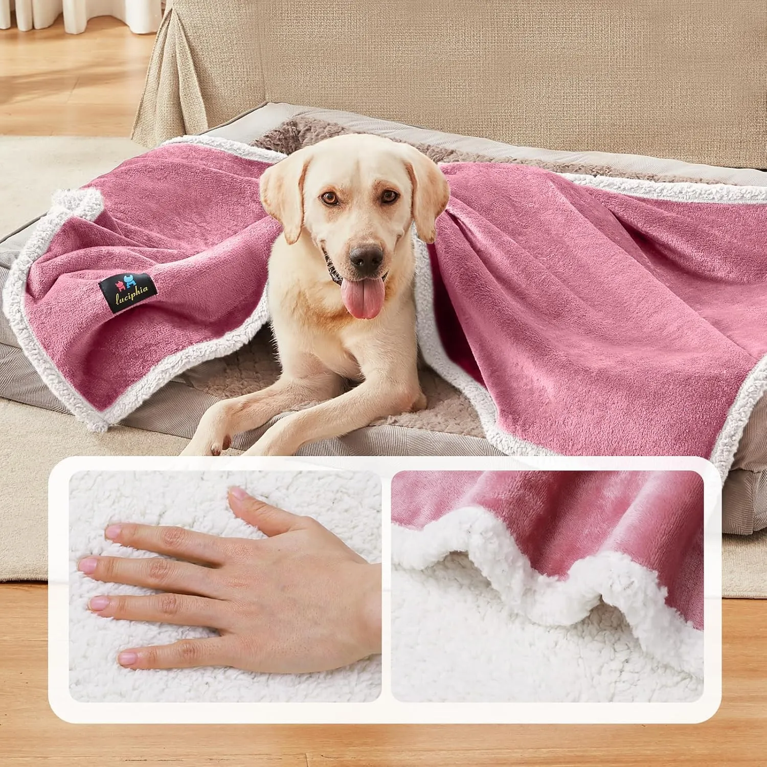 Luciphia Waterproof Blanket for Large Dogs Liquid Proof Furniture Protector Washable Pet Reversible Bed Cover for Couch Soft Sherpa Fleece Cat Blanket for Small Medium Pink White Medium57" x 40"
