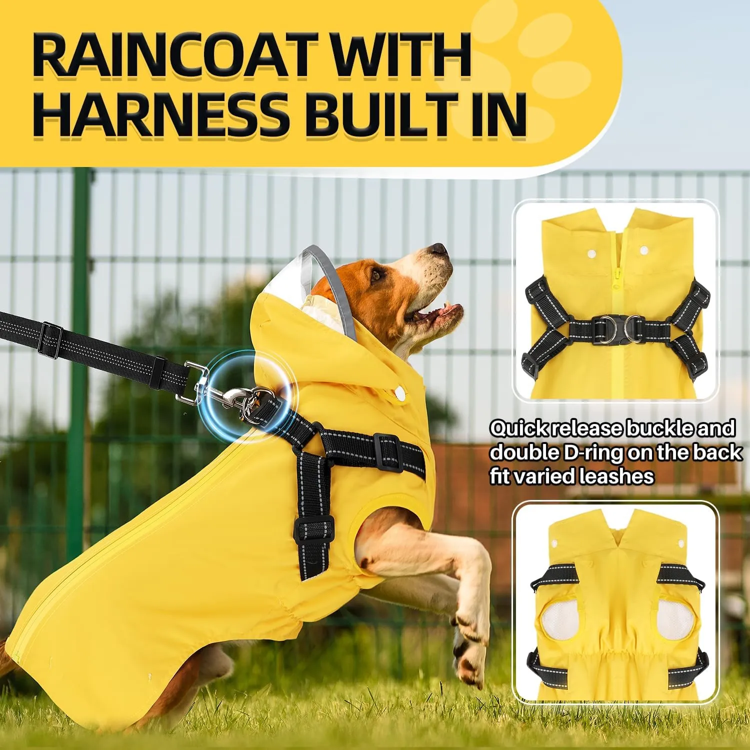 Lukovee Dog Raincoat - Waterproof Rain Jacket with Harness & Removable Hood, Reflective Double Layer Dog Rain Coat Poncho for Small Medium Large Dogs Puppy (M, Yellow)