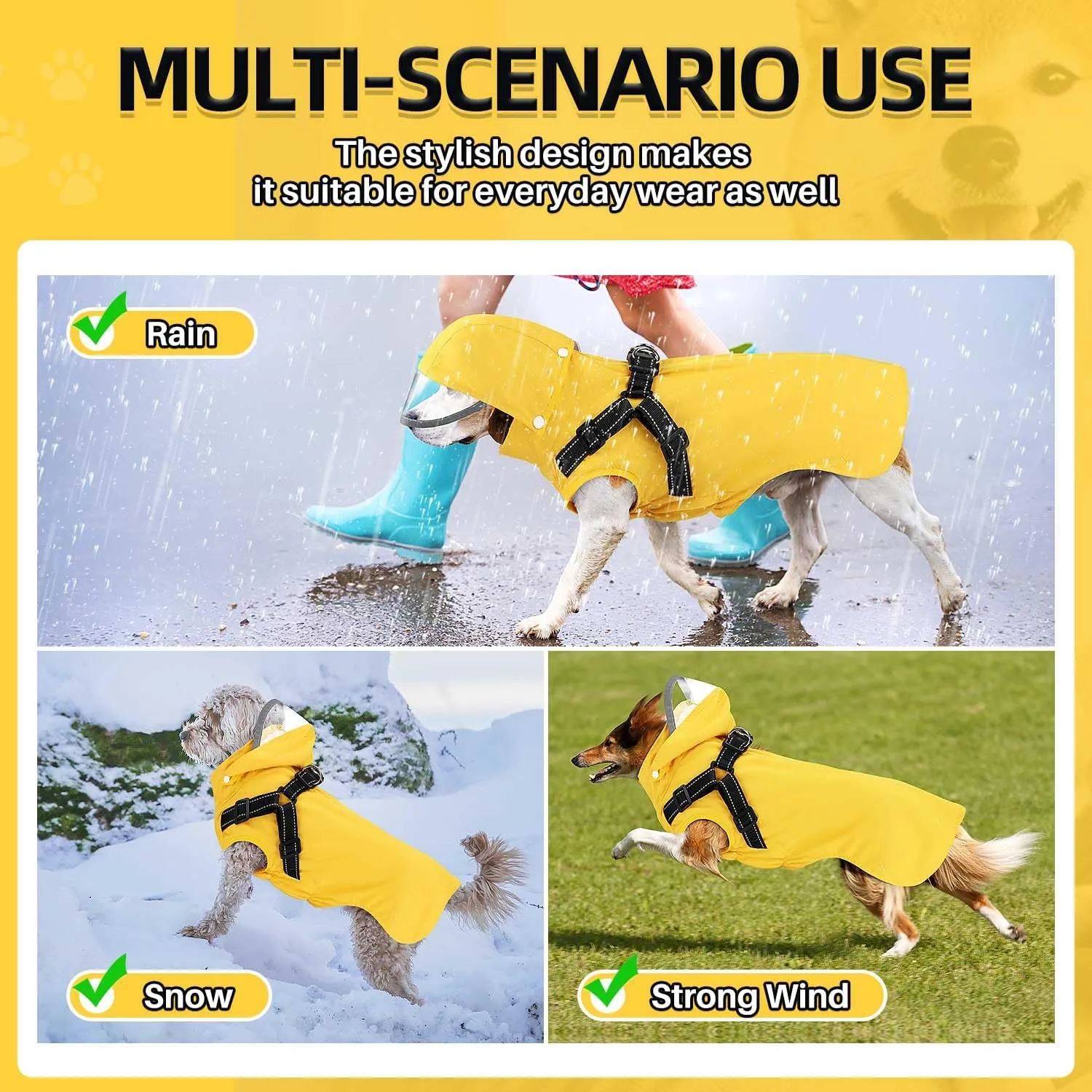 Lukovee Dog Raincoat - Waterproof Rain Jacket with Harness & Removable Hood, Reflective Double Layer Dog Rain Coat Poncho for Small Medium Large Dogs Puppy (M, Yellow)