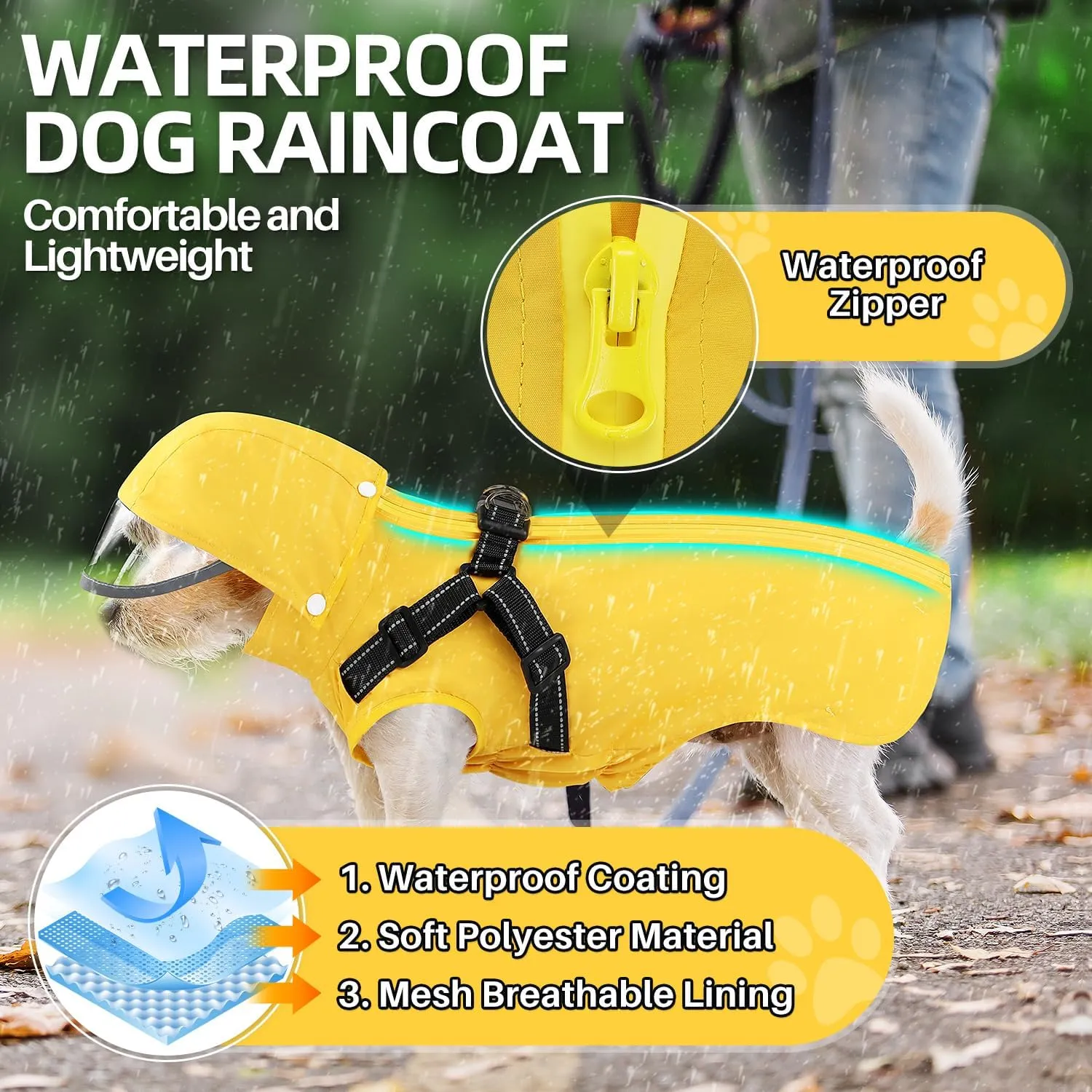 Lukovee Dog Raincoat - Waterproof Rain Jacket with Harness & Removable Hood, Reflective Double Layer Dog Rain Coat Poncho for Small Medium Large Dogs Puppy (M, Yellow)