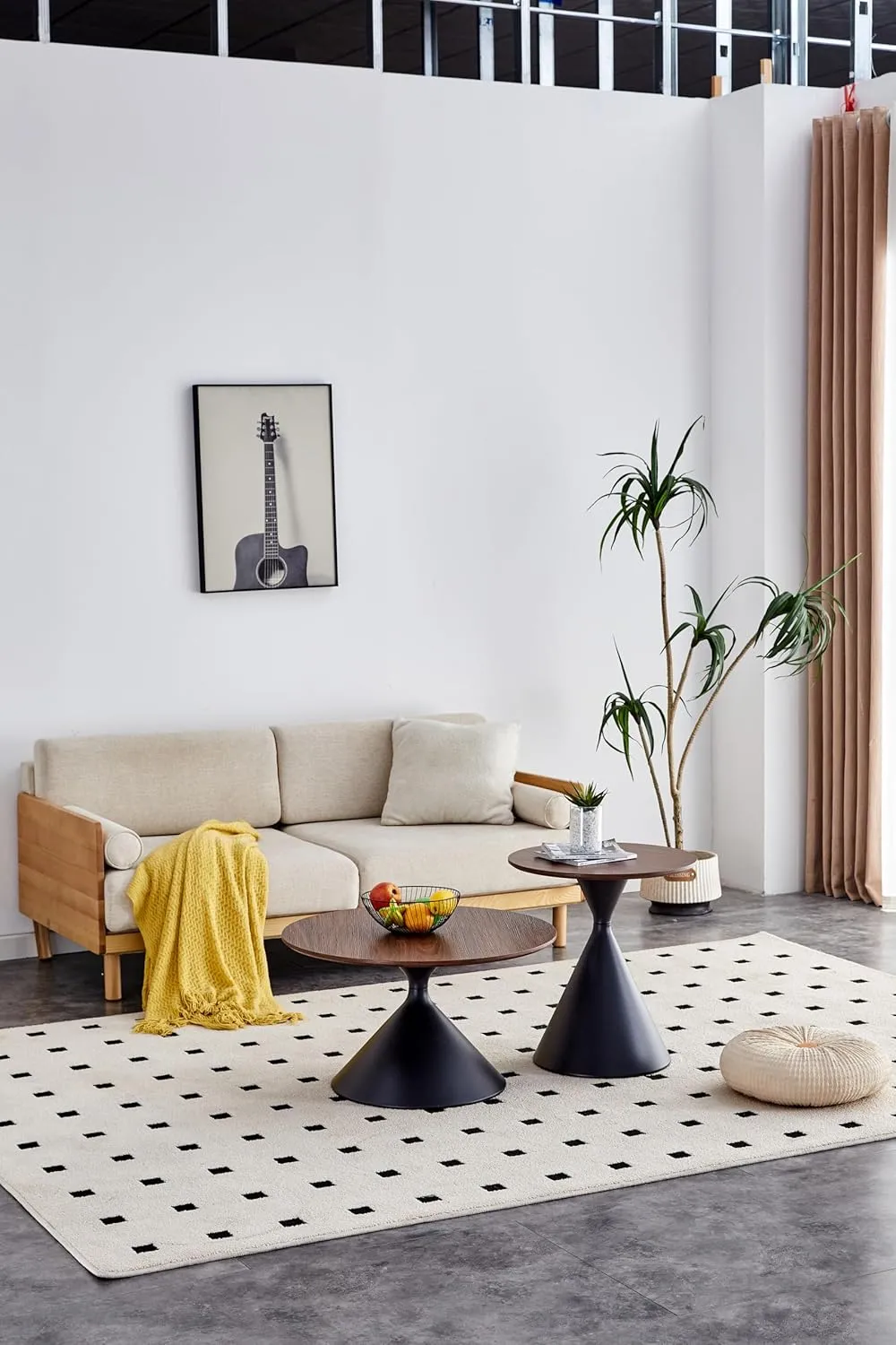 Modern Set of 2 Round Coffee Tables with Wooden-Look Top and Cat Bed, Matt Black Steel Base
