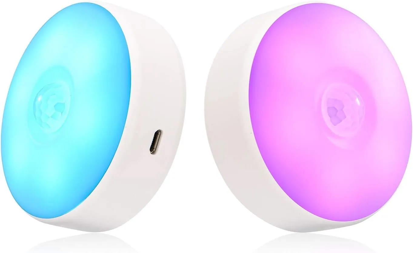 Motion Sensor LED Night Light, Kids Night Light, USB Rechargeable, 8 Lighting Colors, 3 Working Modes, for Bedroom, Hallway, Cabinet, Closet, Stairs, etc, Magnetic Stick Anywhere (2 Pack)