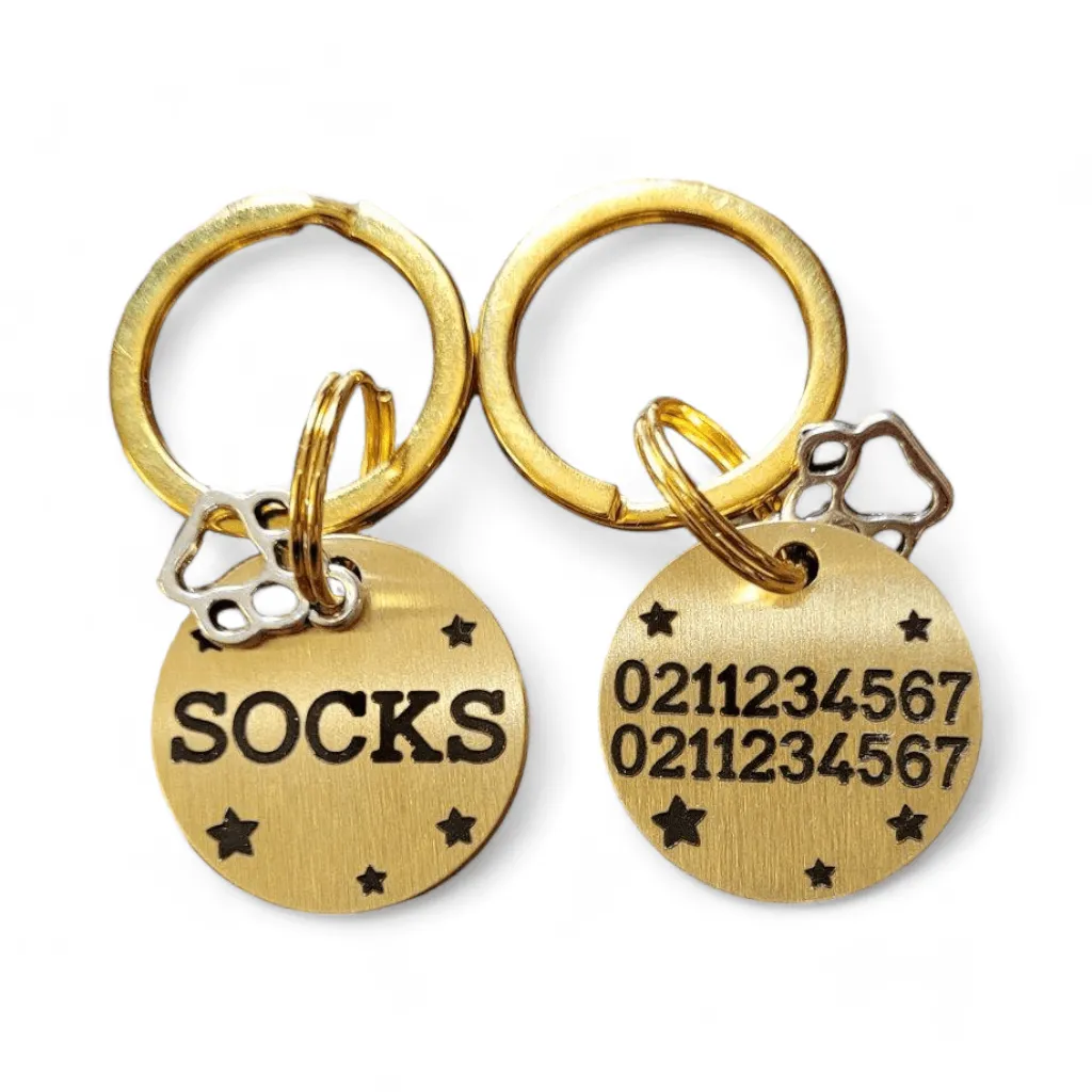Name Front & 2 Numbers Back Bespoke Brass Cat & Dog ID Pet Tag