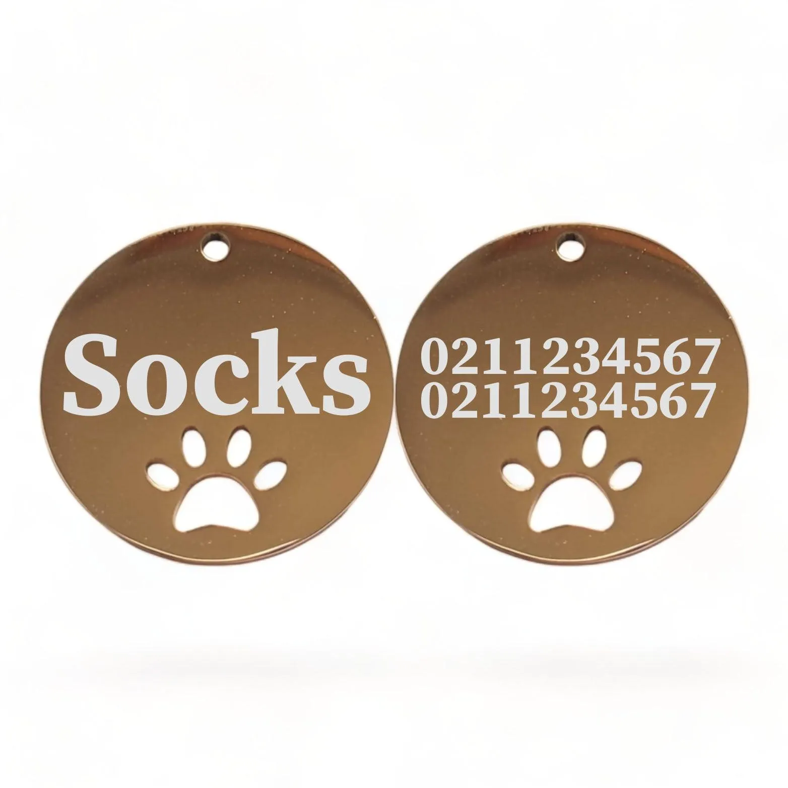 Name Front & 2 Numbers Back Round Paw Print | Mirror Stainless | Cat & Dog ID Pet Tag