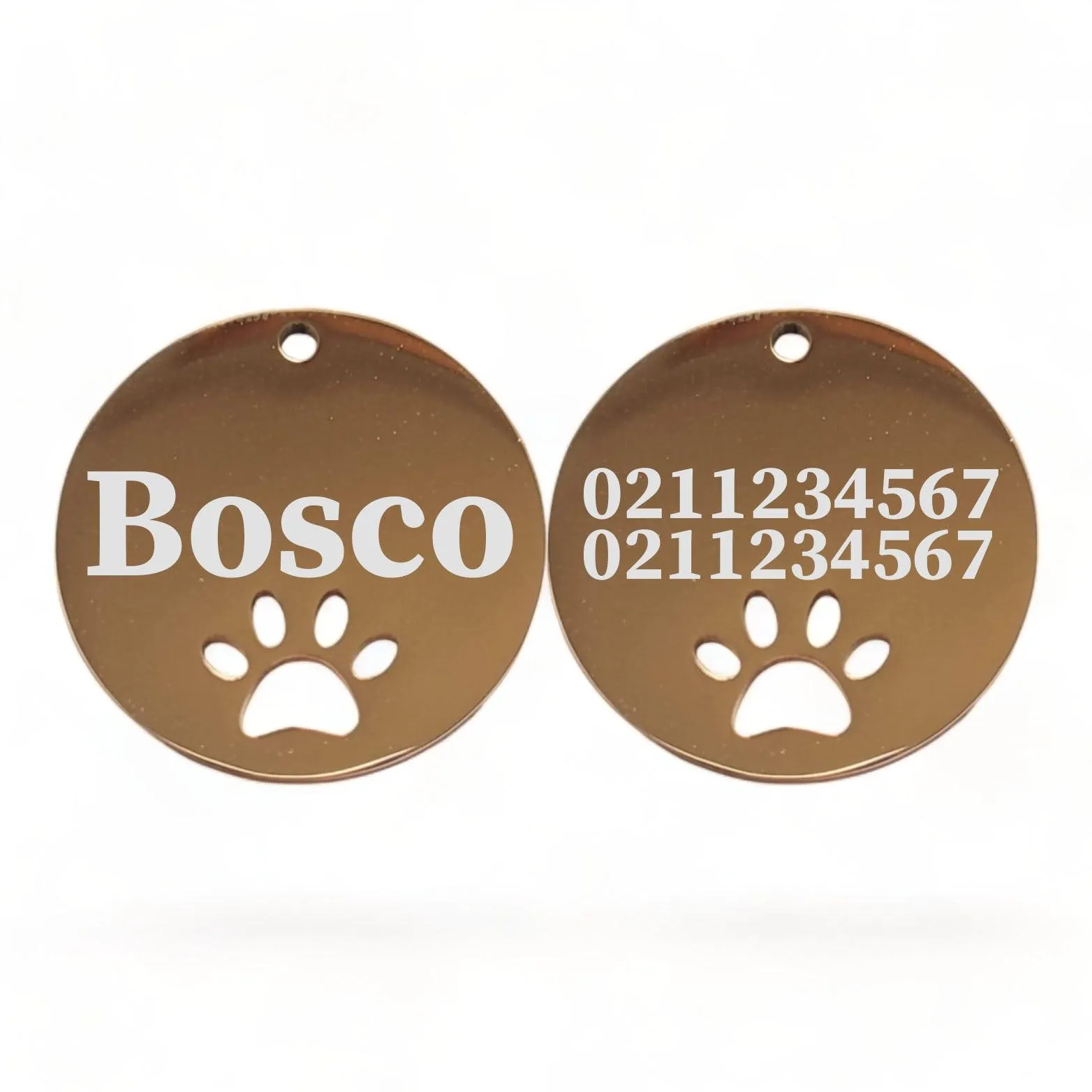Name Front & 2 Numbers Back Round Paw Print | Mirror Stainless | Cat & Dog ID Pet Tag
