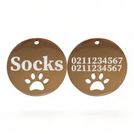 Name Front & 2 Numbers Back Round Paw Print | Mirror Stainless | Cat & Dog ID Pet Tag