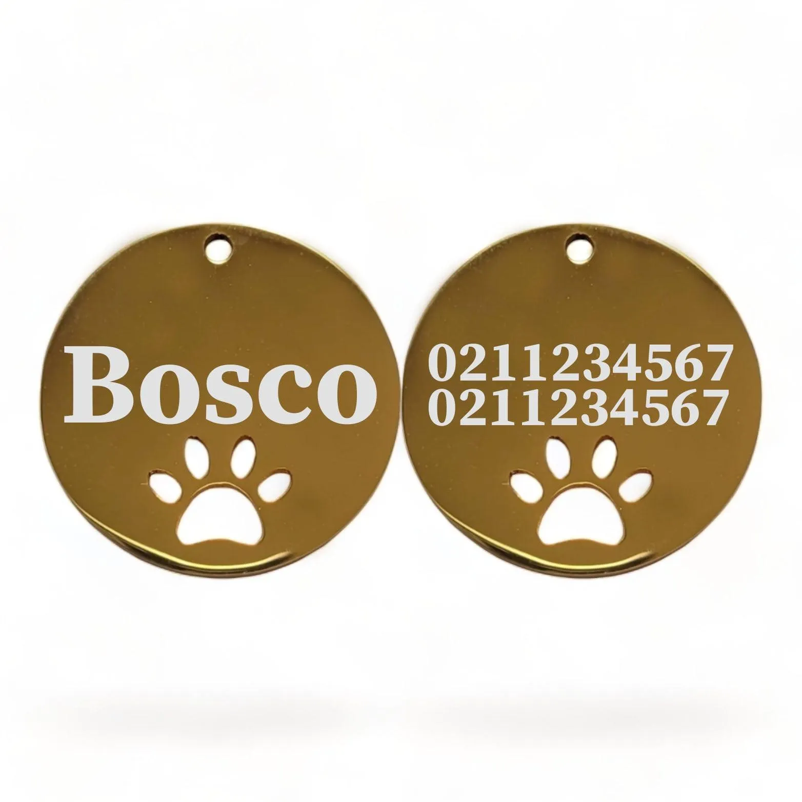 Name Front & 2 Numbers Back Round Paw Print | Mirror Stainless | Cat & Dog ID Pet Tag
