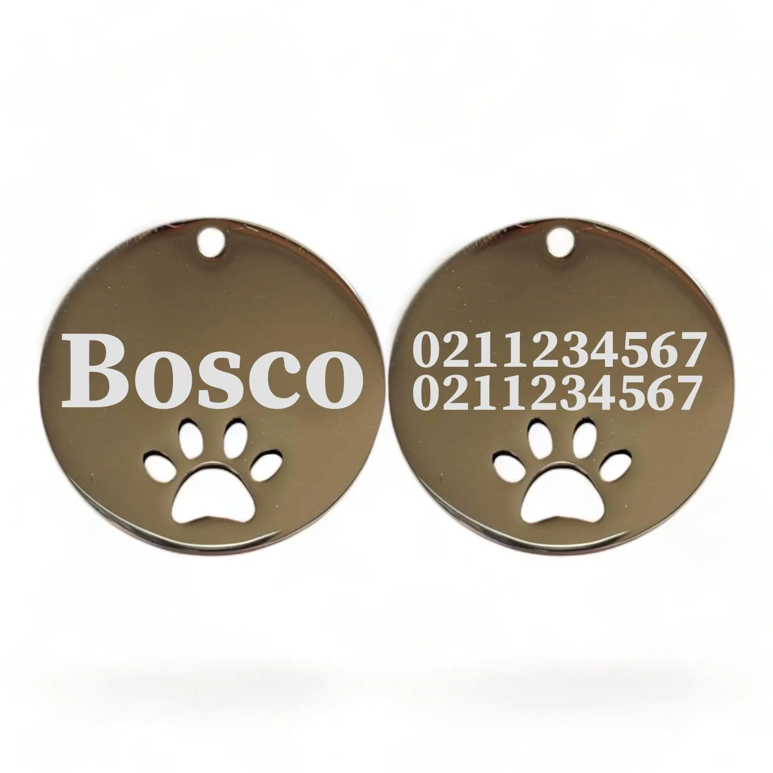 Name Front & 2 Numbers Back Round Paw Print | Mirror Stainless | Cat & Dog ID Pet Tag
