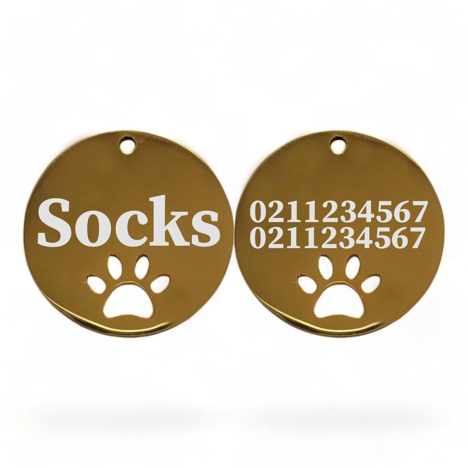 Name Front & 2 Numbers Back Round Paw Print | Mirror Stainless | Cat & Dog ID Pet Tag