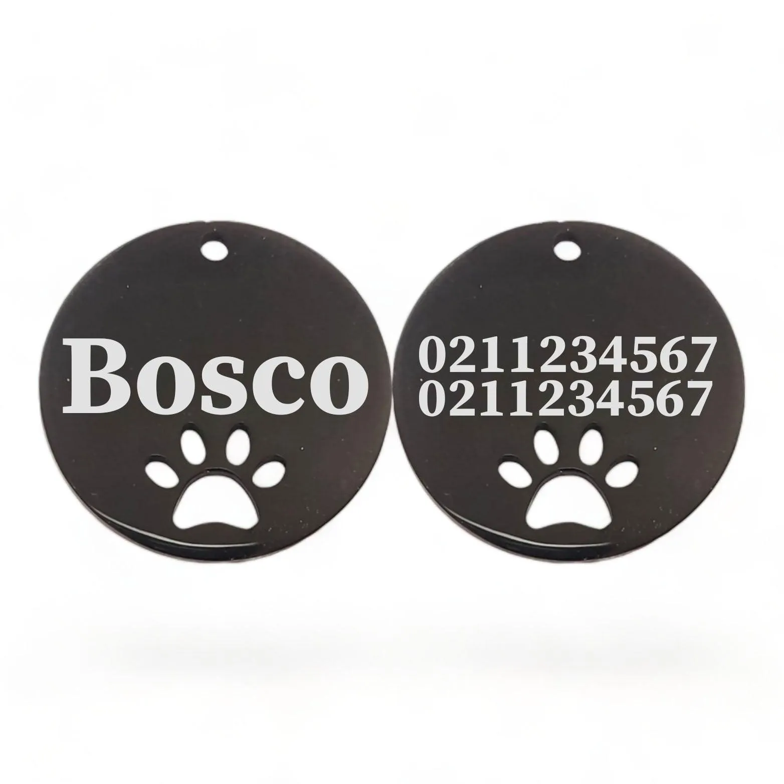 Name Front & 2 Numbers Back Round Paw Print | Mirror Stainless | Cat & Dog ID Pet Tag