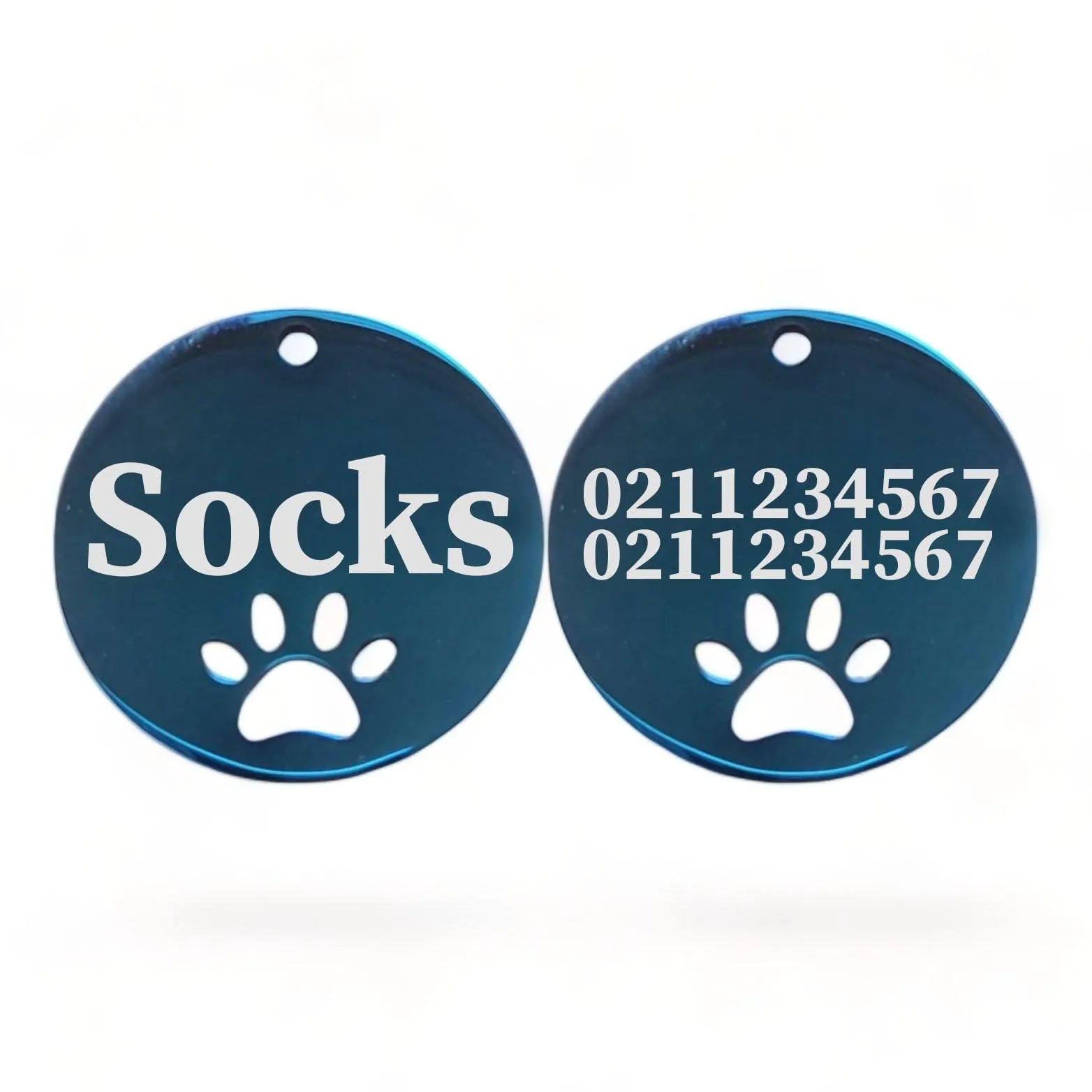 Name Front & 2 Numbers Back Round Paw Print | Mirror Stainless | Cat & Dog ID Pet Tag