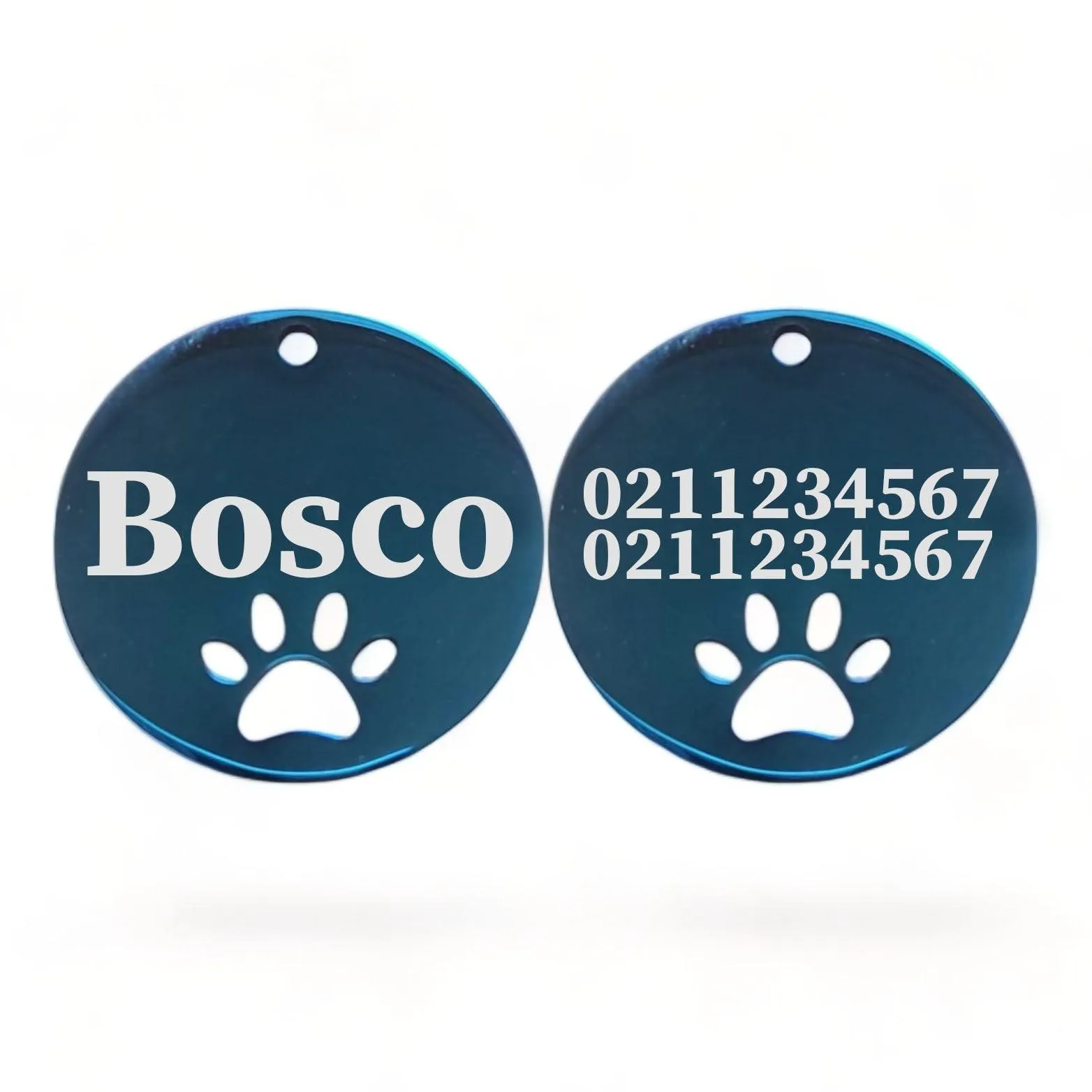 Name Front & 2 Numbers Back Round Paw Print | Mirror Stainless | Cat & Dog ID Pet Tag