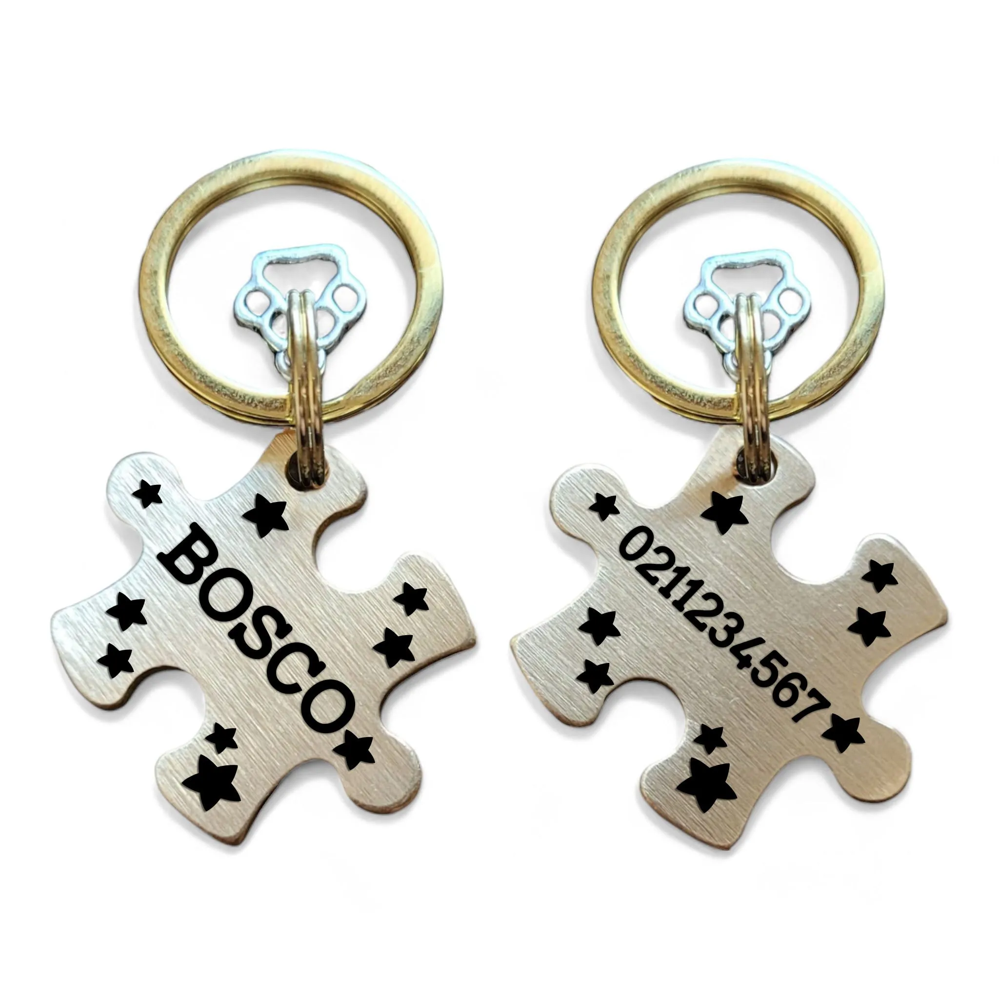 Name Front & Number Back | Bespoke Brass | Puzzle Piece Cat & Dog ID Pet Tag