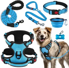 No Pull Dog Harness, Collar & Leash Set | Includes Dog Seat Belt, Collapsible Bowls & Poop Bag Dispenser. Ideal for Training, Walking, Hiking. Fits Small to Large Dogs(Blue-XL)