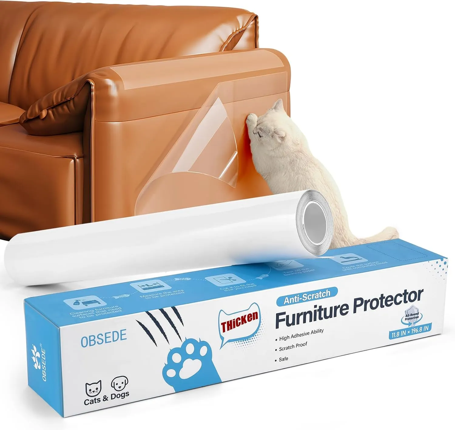 OBSEDE Cat Scratch Furniture Protector Roll, 0.2mm Extra Thick Clear Shield, Single-Side Adhesive Guard for Couch & Sofa Corners, Pet Deterrent Training Tape, 11.8 x 196.8 inch for Happy Pet Homes