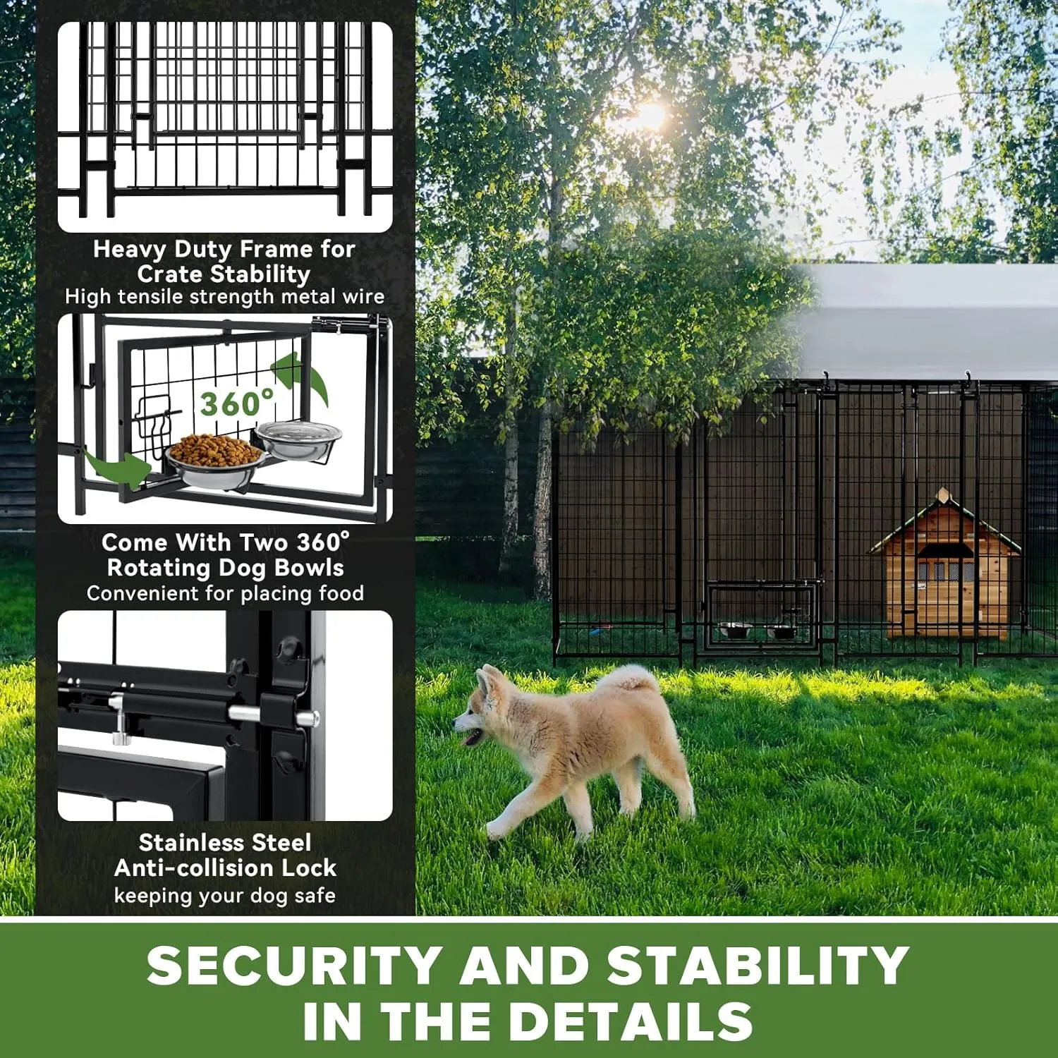 Outdoor Dog Kennel for Large Dogs, Heavy Duty Welded Wire Steel Dog Playpen Fence with Secure Lock, Dog Pen with Waterproof Roof Cover and 2 Rotating Dog Bowls for Small/Medium/Large Dogs
