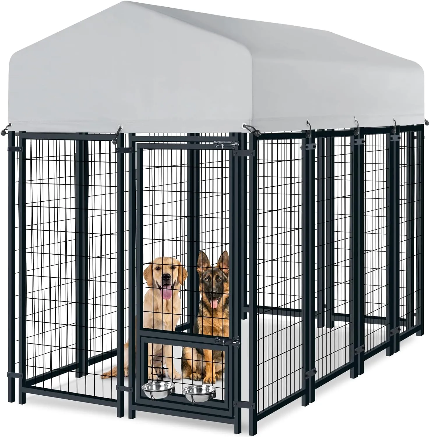 Outdoor Dog Kennel for Large Dogs, Heavy Duty Welded Wire Steel Dog Playpen Fence with Secure Lock, Dog Pen with Waterproof Roof Cover and 2 Rotating Dog Bowls for Small/Medium/Large Dogs