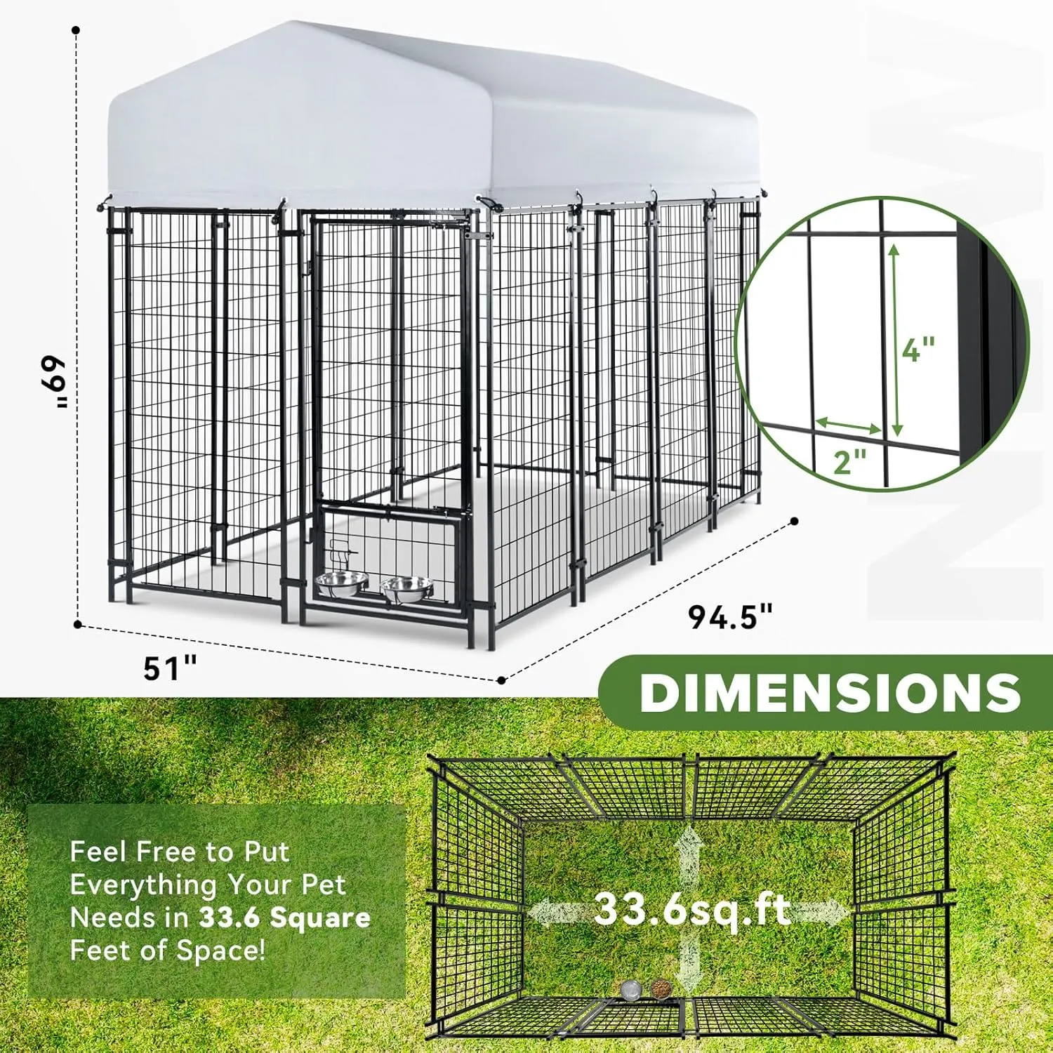 Outdoor Dog Kennel for Large Dogs, Heavy Duty Welded Wire Steel Dog Playpen Fence with Secure Lock, Dog Pen with Waterproof Roof Cover and 2 Rotating Dog Bowls for Small/Medium/Large Dogs