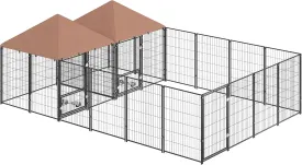 PawHut Dog Kennel Outside, Large Outdoor Dog Kennel with 2 Rooms, Rotating & Adjustable Height Bowls, UV-Resistant & Waterproof Canopy, Welded Wire Pet Playpen, 13.5' x 9.4' x 5.1'