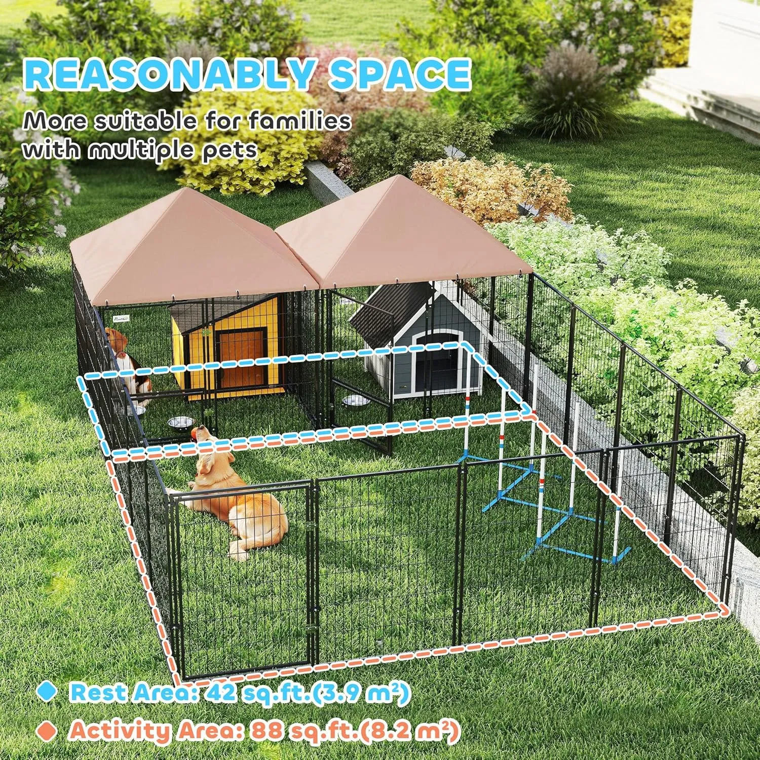 PawHut Dog Kennel Outside, Large Outdoor Dog Kennel with 2 Rooms, Rotating & Adjustable Height Bowls, UV-Resistant & Waterproof Canopy, Welded Wire Pet Playpen, 13.5' x 9.4' x 5.1'