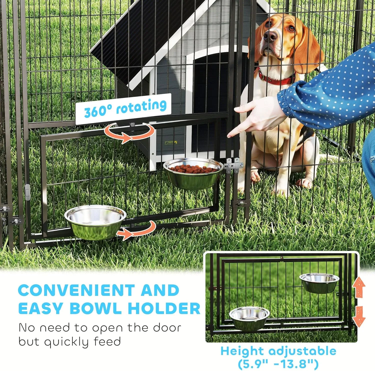 PawHut Dog Kennel Outside, Large Outdoor Dog Kennel with 2 Rooms, Rotating & Adjustable Height Bowls, UV-Resistant & Waterproof Canopy, Welded Wire Pet Playpen, 13.5' x 9.4' x 5.1'