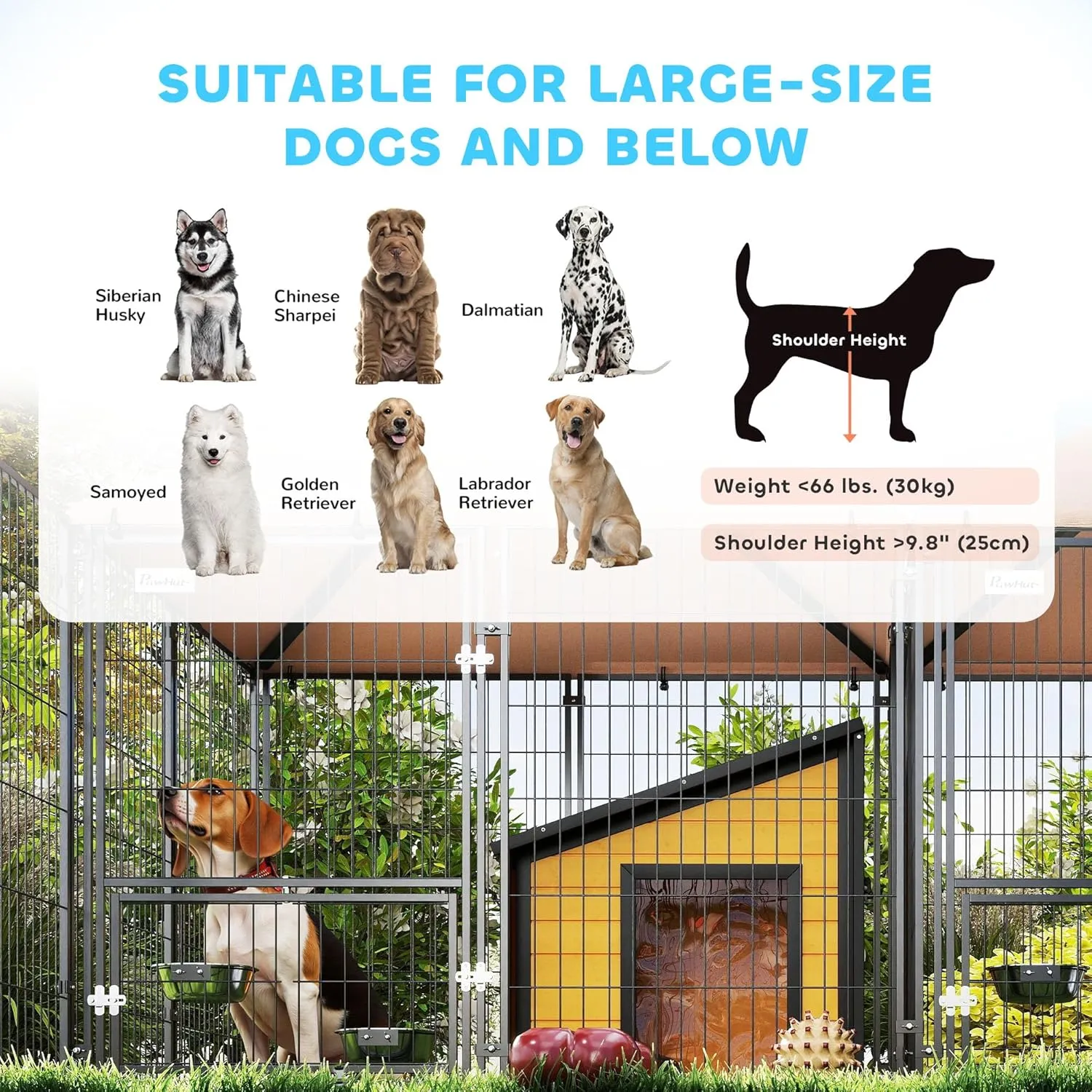 PawHut Dog Kennel Outside, Large Outdoor Dog Kennel with 2 Rooms, Rotating & Adjustable Height Bowls, UV-Resistant & Waterproof Canopy, Welded Wire Pet Playpen, 13.5' x 9.4' x 5.1'