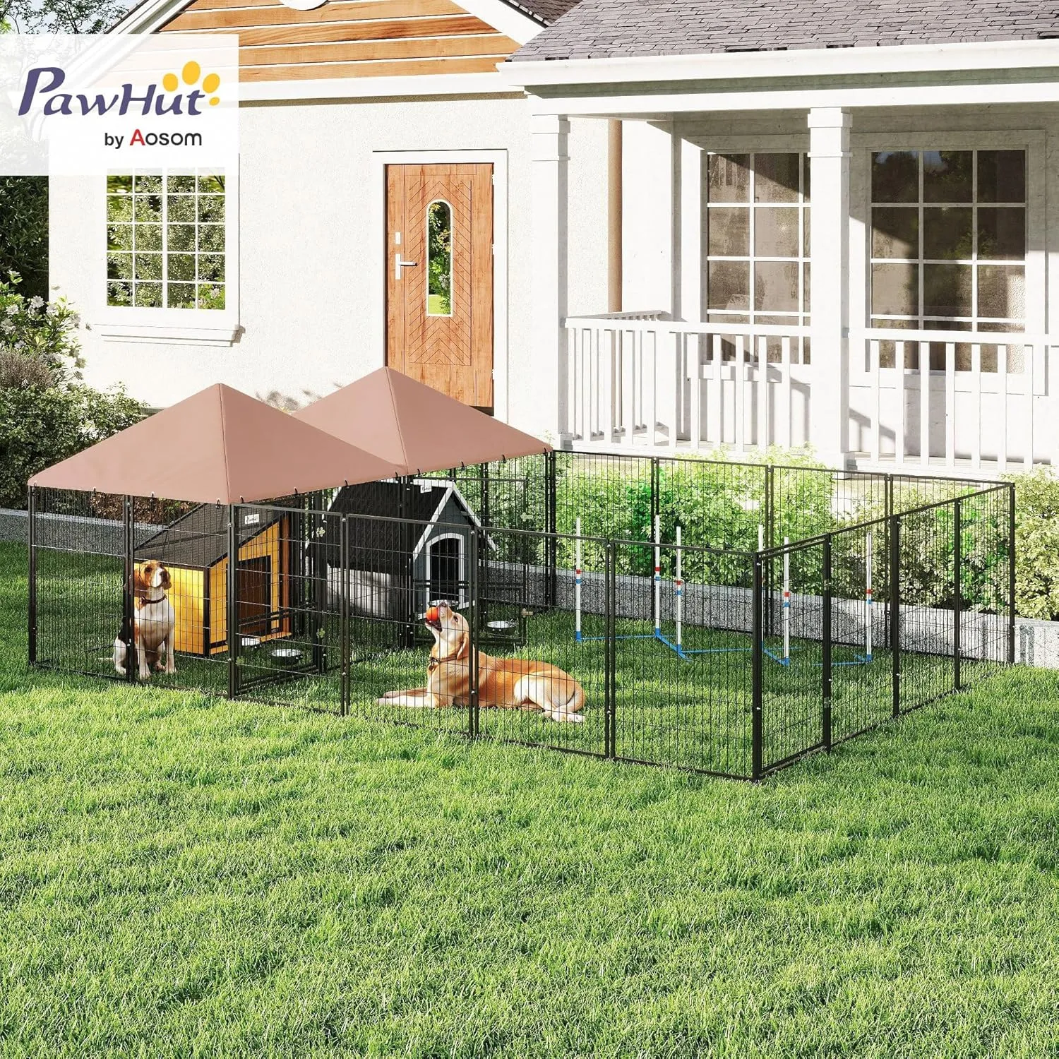 PawHut Dog Kennel Outside, Large Outdoor Dog Kennel with 2 Rooms, Rotating & Adjustable Height Bowls, UV-Resistant & Waterproof Canopy, Welded Wire Pet Playpen, 13.5' x 9.4' x 5.1'