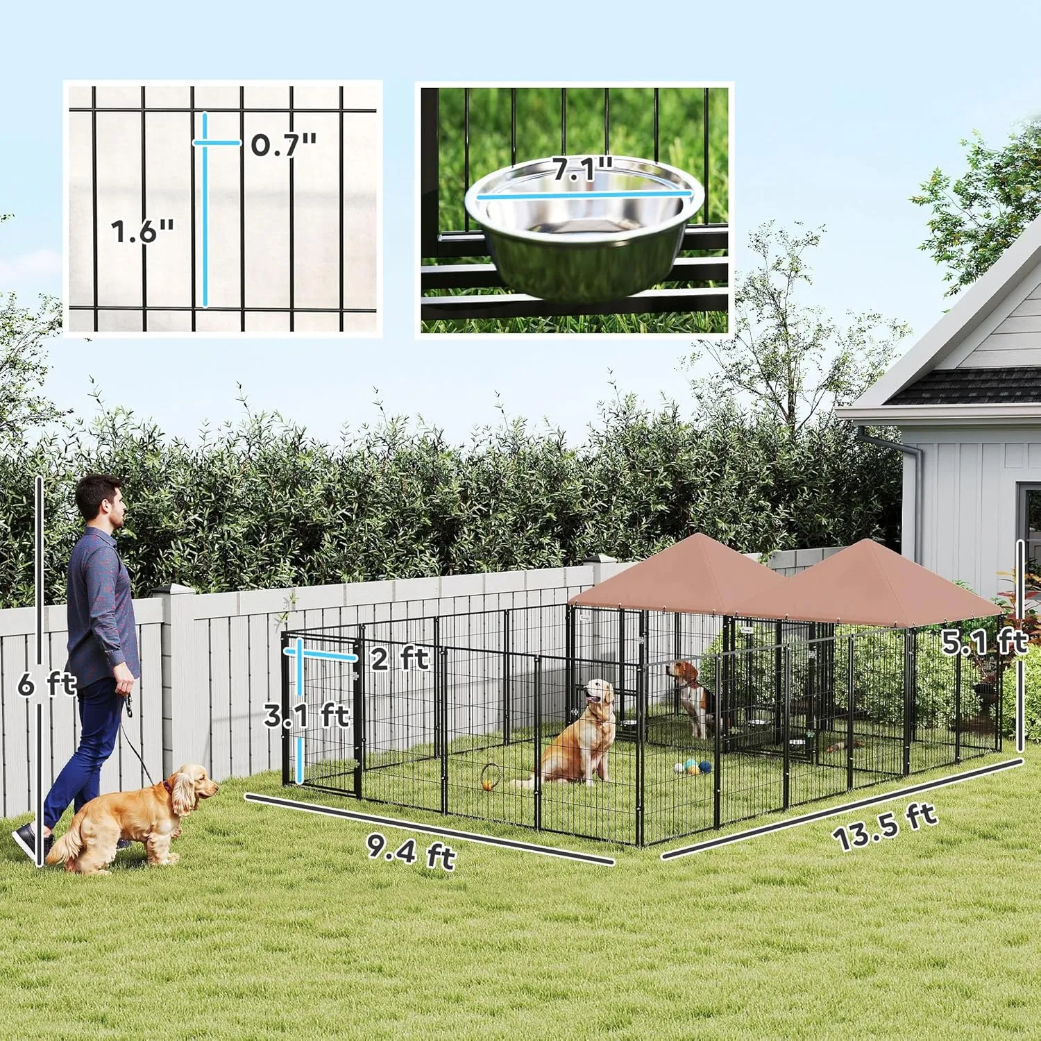 PawHut Dog Kennel Outside, Large Outdoor Dog Kennel with 2 Rooms, Rotating & Adjustable Height Bowls, UV-Resistant & Waterproof Canopy, Welded Wire Pet Playpen, 13.5' x 9.4' x 5.1'