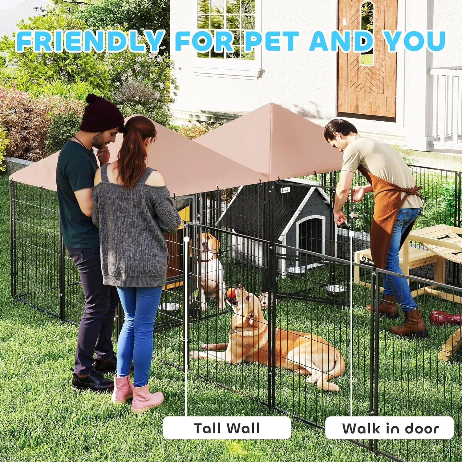 PawHut Dog Kennel Outside, Large Outdoor Dog Kennel with 2 Rooms, Rotating & Adjustable Height Bowls, UV-Resistant & Waterproof Canopy, Welded Wire Pet Playpen, 13.5' x 9.4' x 5.1'
