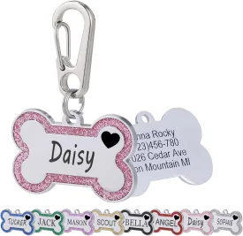 Personalized Dog Tags for Pets Deep Engraved Text and Cute Heart Icons Glittering Bone Shapes Double Sided Engraving Suitable for Dogs and Cats ID Tags Collar Accessories