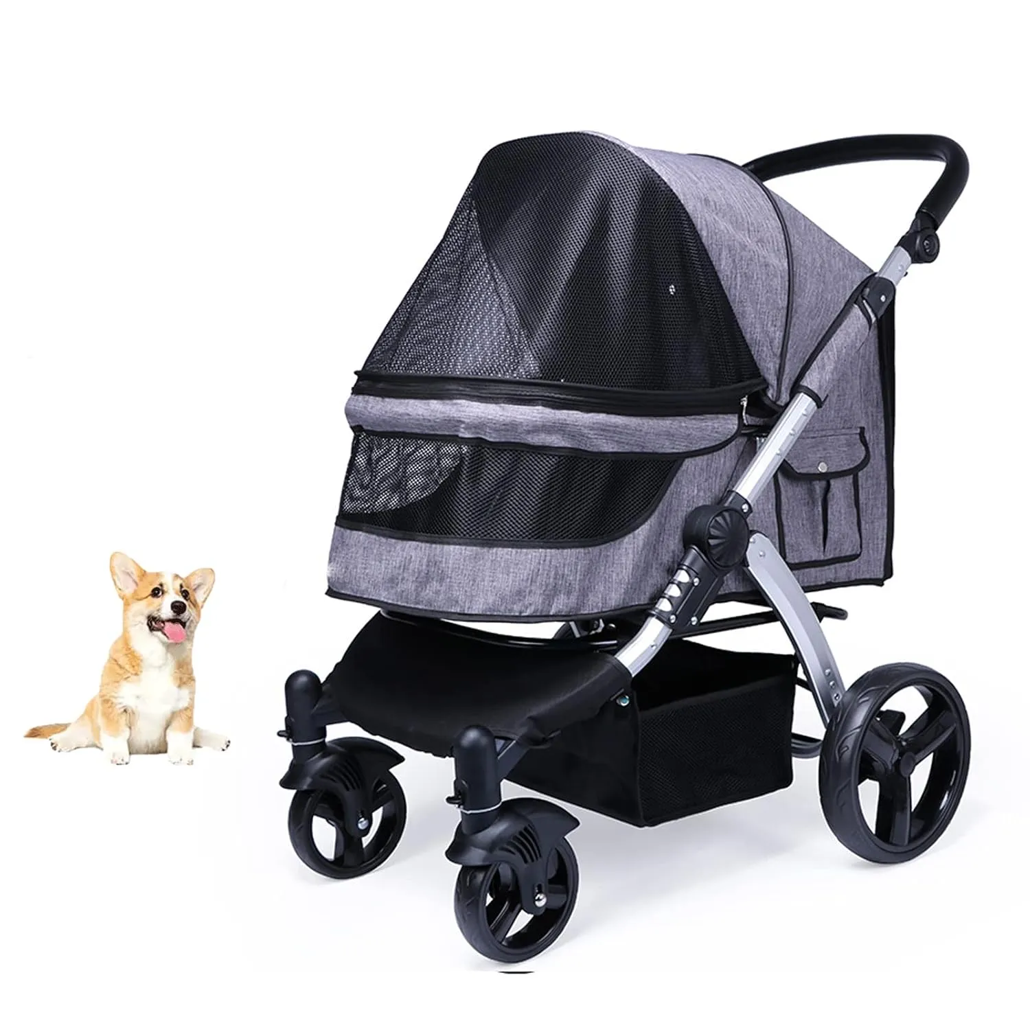 Pet Stroller Dog Strollers for Medium Dogs and Cats, Easy to Walking Dog Cat Stroller 360 Rotating Front Puppy Stroller with Mesh Windows, Removable Liner, Storage Basket,Grey