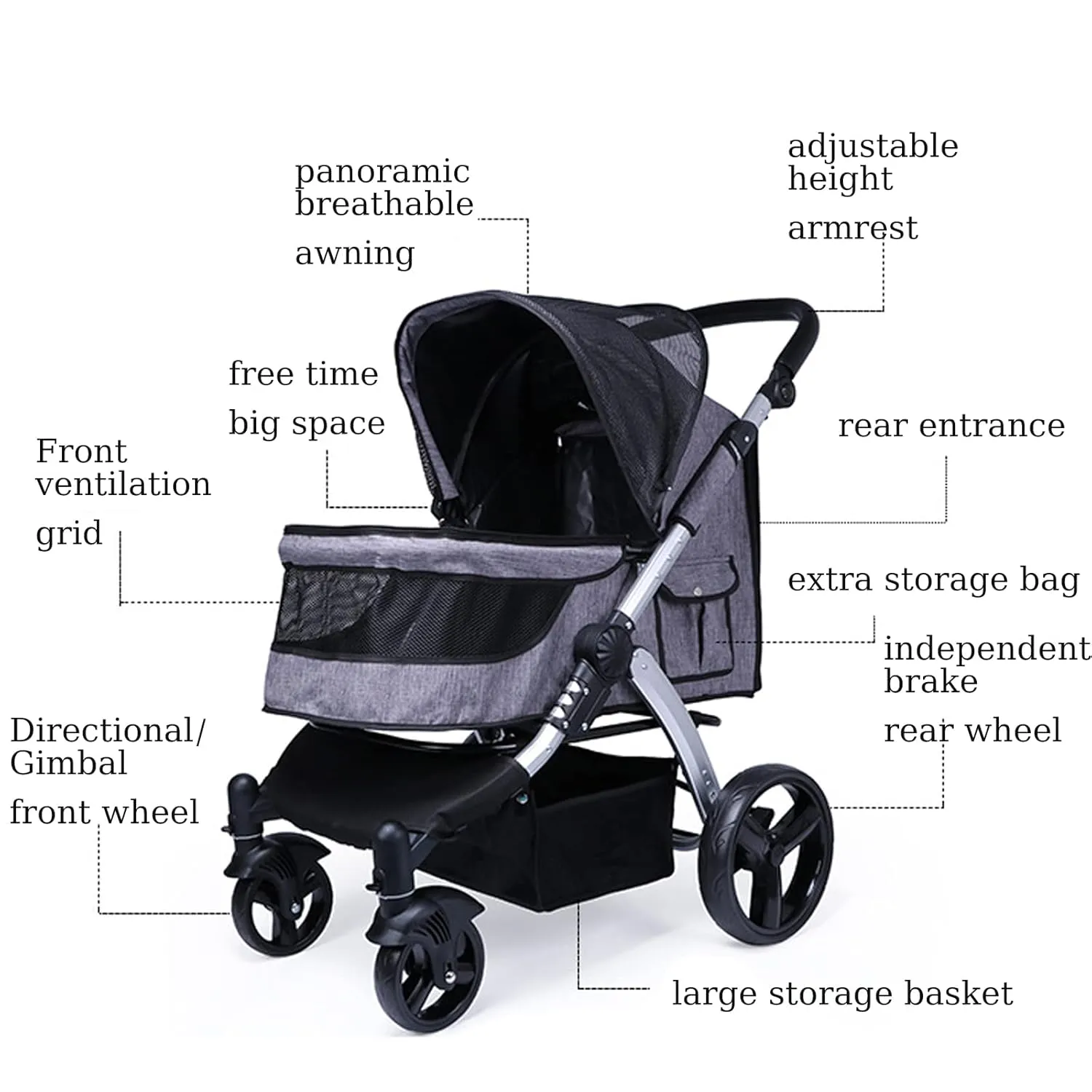 Pet Stroller Dog Strollers for Medium Dogs and Cats, Easy to Walking Dog Cat Stroller 360 Rotating Front Puppy Stroller with Mesh Windows, Removable Liner, Storage Basket,Grey