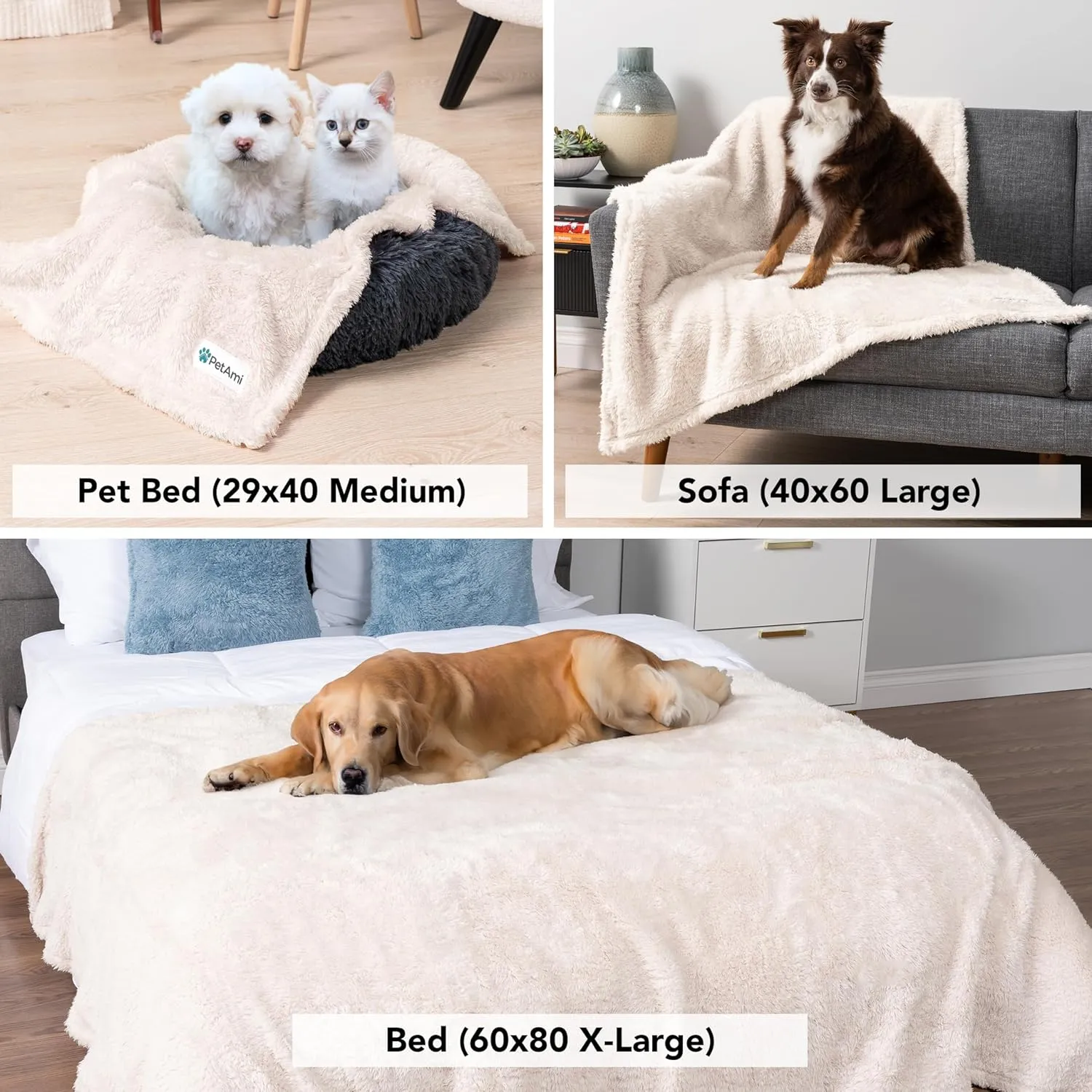 PetAmi Fluffy Soft Dog & Cat Blanket, Sherpa Fleece, Calming Pet Blanket Throw for Bed & Sofa, X-Large 60x80 Beige