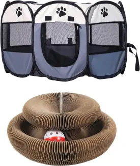 Portable Pet Playpen for Kitten/Indoor Outdoor Travel Camping Use,   1pcs Foldable Cat Scratcher Cardboard with Bell Ball, A Magic Toy for Cat Scratching