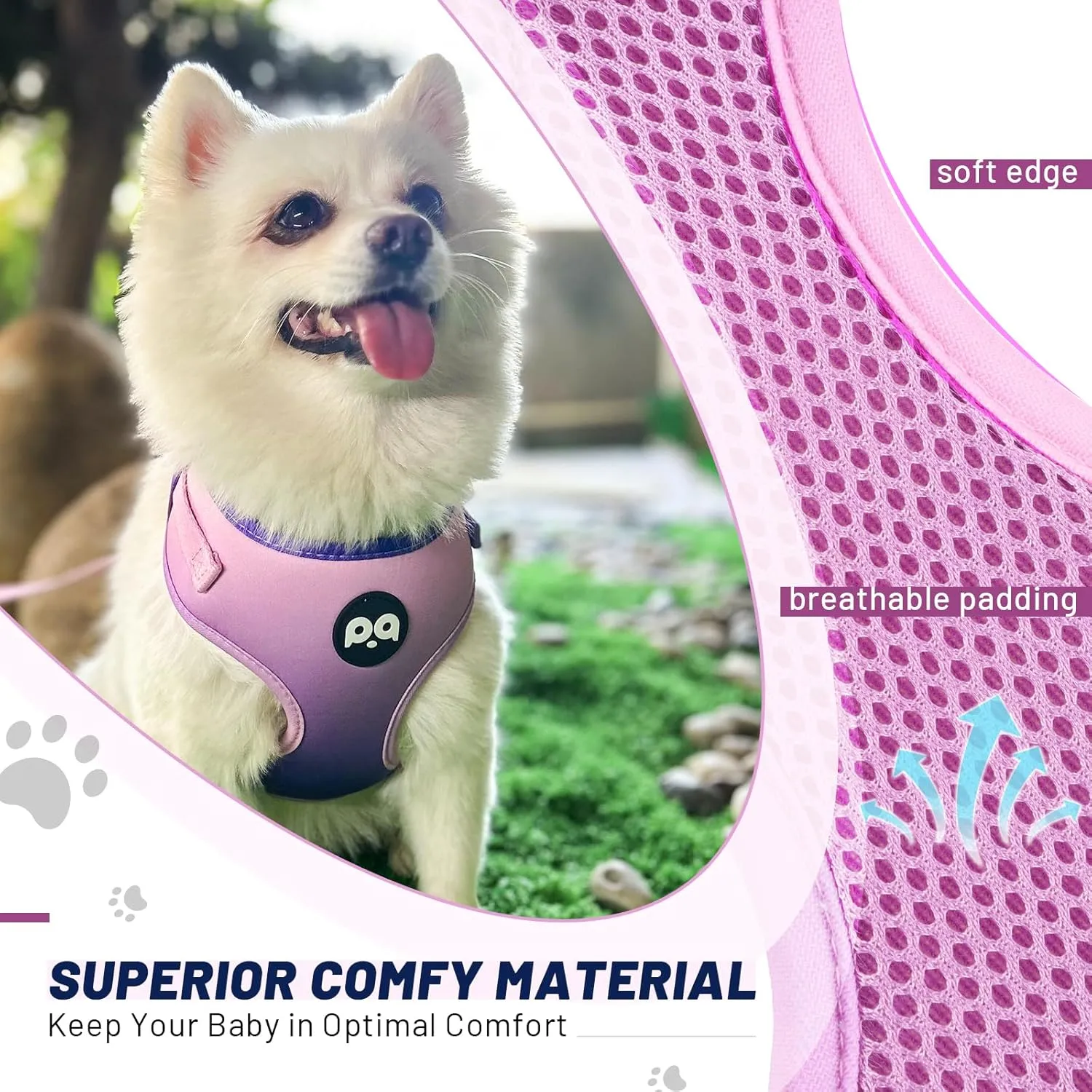 QQPETS Dog Harness Collar Leash with Poop Bag Holder 4 PCS Set, Adjustable No Pull Soft Mesh Padded Vest for Small Medium Large Pet Puppy Outdoor Walking (Gradient Purple, L (Chest 22.4-32.6))