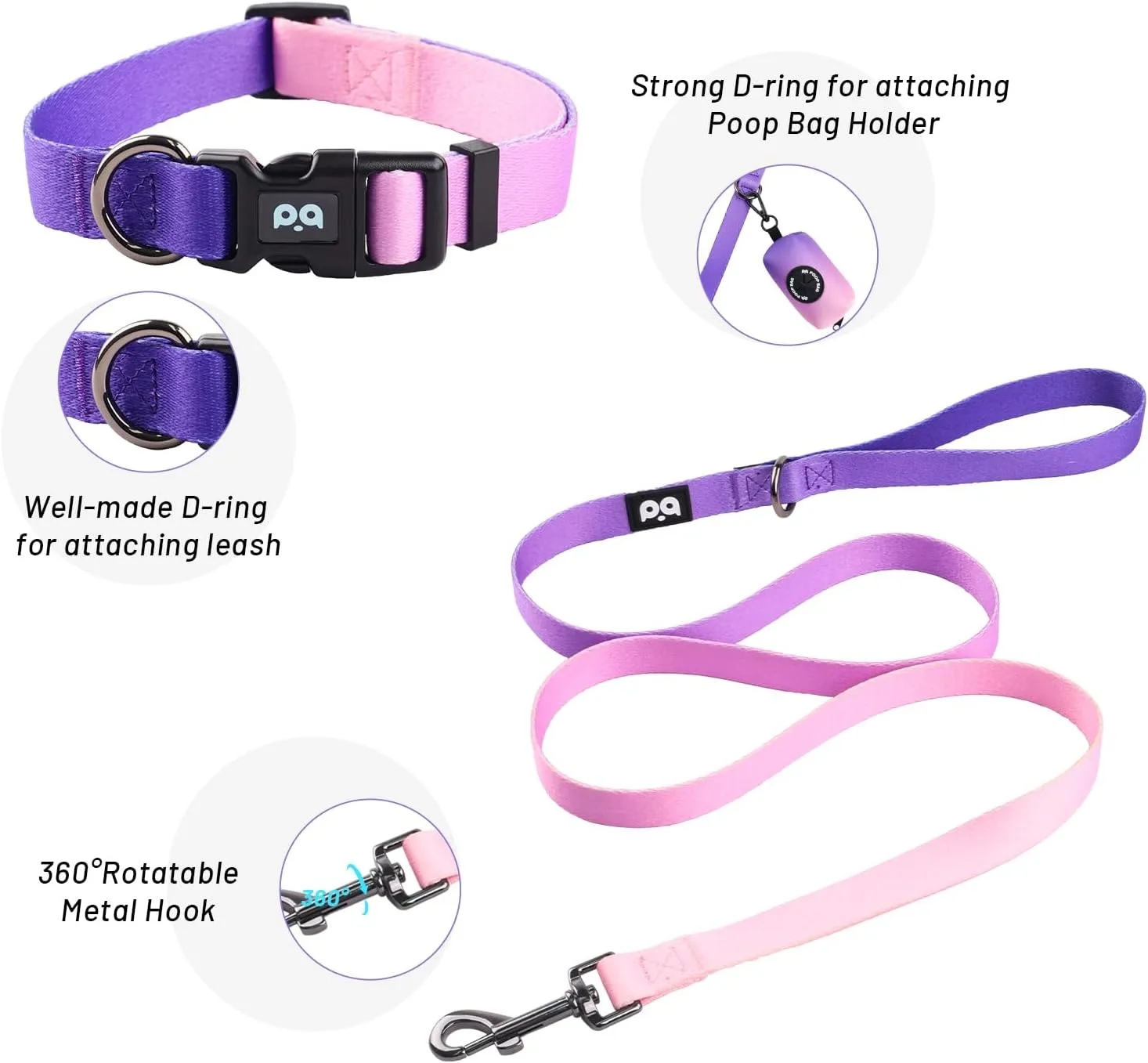 QQPETS Dog Harness Collar Leash with Poop Bag Holder 4 PCS Set, Adjustable No Pull Soft Mesh Padded Vest for Small Medium Large Pet Puppy Outdoor Walking (Gradient Purple, L (Chest 22.4-32.6))