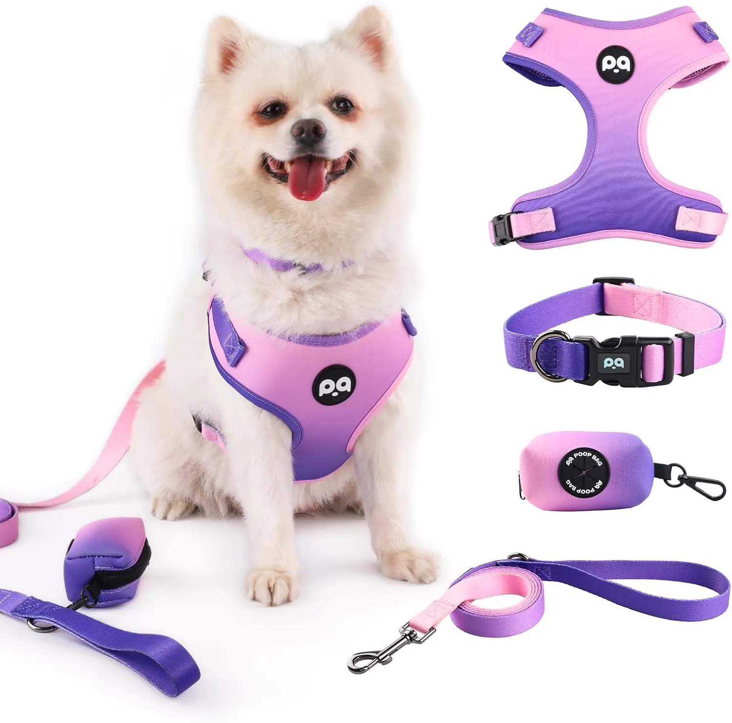 QQPETS Dog Harness Collar Leash with Poop Bag Holder 4 PCS Set, Adjustable No Pull Soft Mesh Padded Vest for Small Medium Large Pet Puppy Outdoor Walking (Gradient Purple, L (Chest 22.4-32.6))