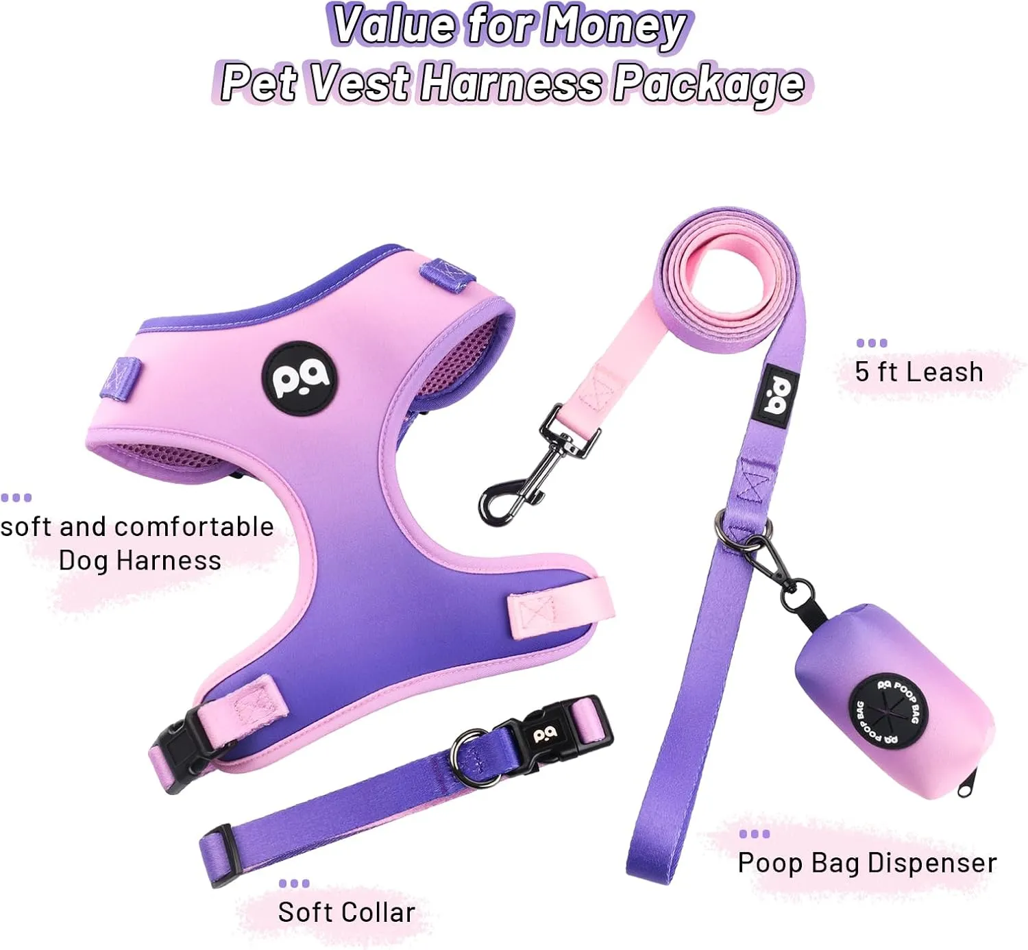 QQPETS Dog Harness Collar Leash with Poop Bag Holder 4 PCS Set, Adjustable No Pull Soft Mesh Padded Vest for Small Medium Large Pet Puppy Outdoor Walking (Gradient Purple, L (Chest 22.4-32.6))