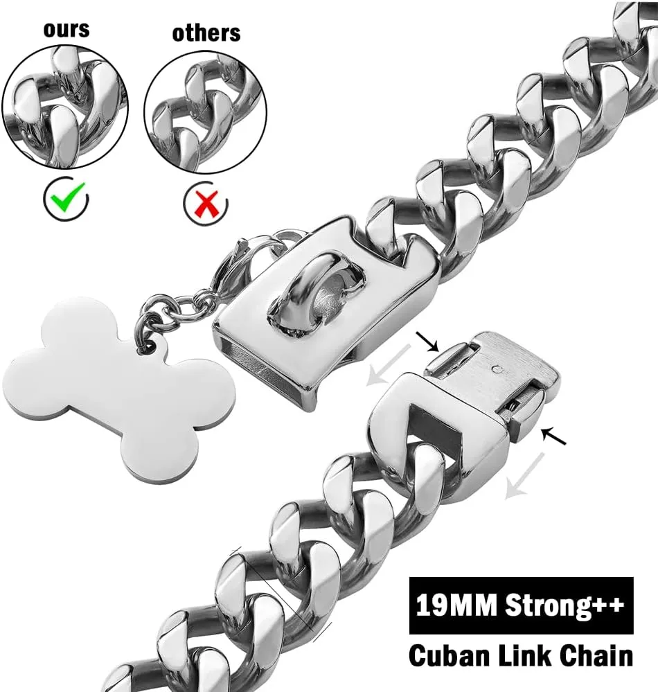 Silver Metal Dog Chain Collar with Design Secure Buckle & ID Tag,Pet Necklace,Strong Stainless Steel Cuban Link Chain,Chew Proof Indestructible Choke Training Collar for Small Dogs(19MM 10'')