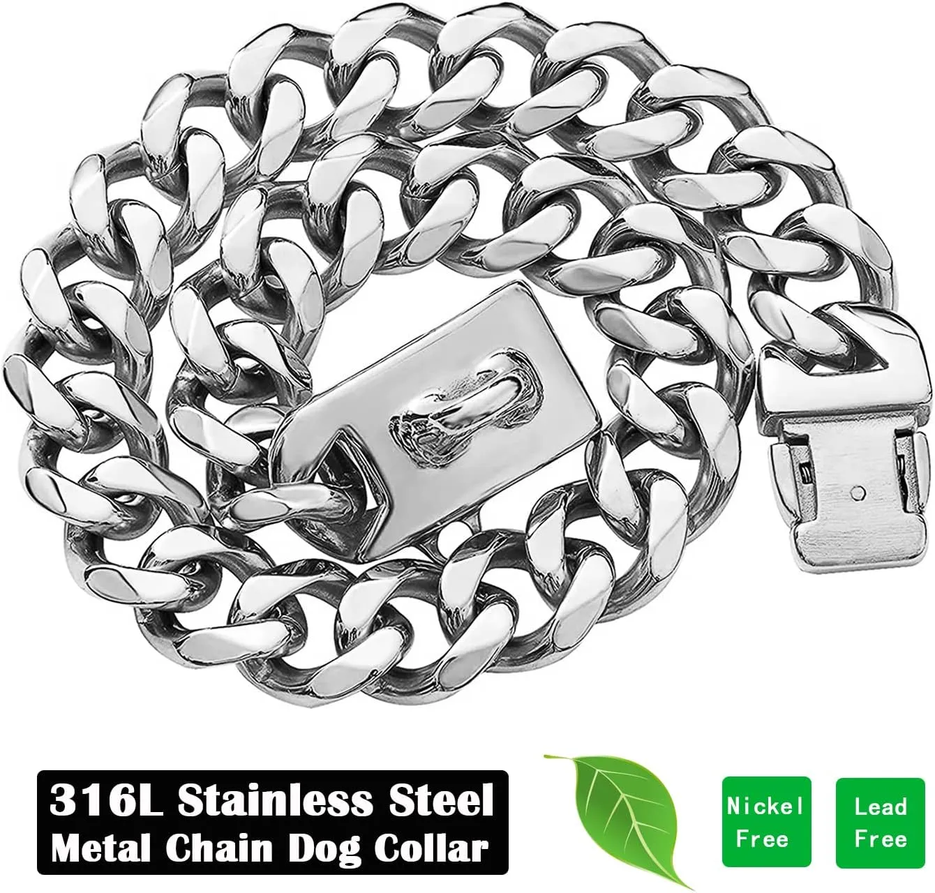Silver Metal Dog Chain Collar with Design Secure Buckle & ID Tag,Pet Necklace,Strong Stainless Steel Cuban Link Chain,Chew Proof Indestructible Choke Training Collar for Small Dogs(19MM 10'')