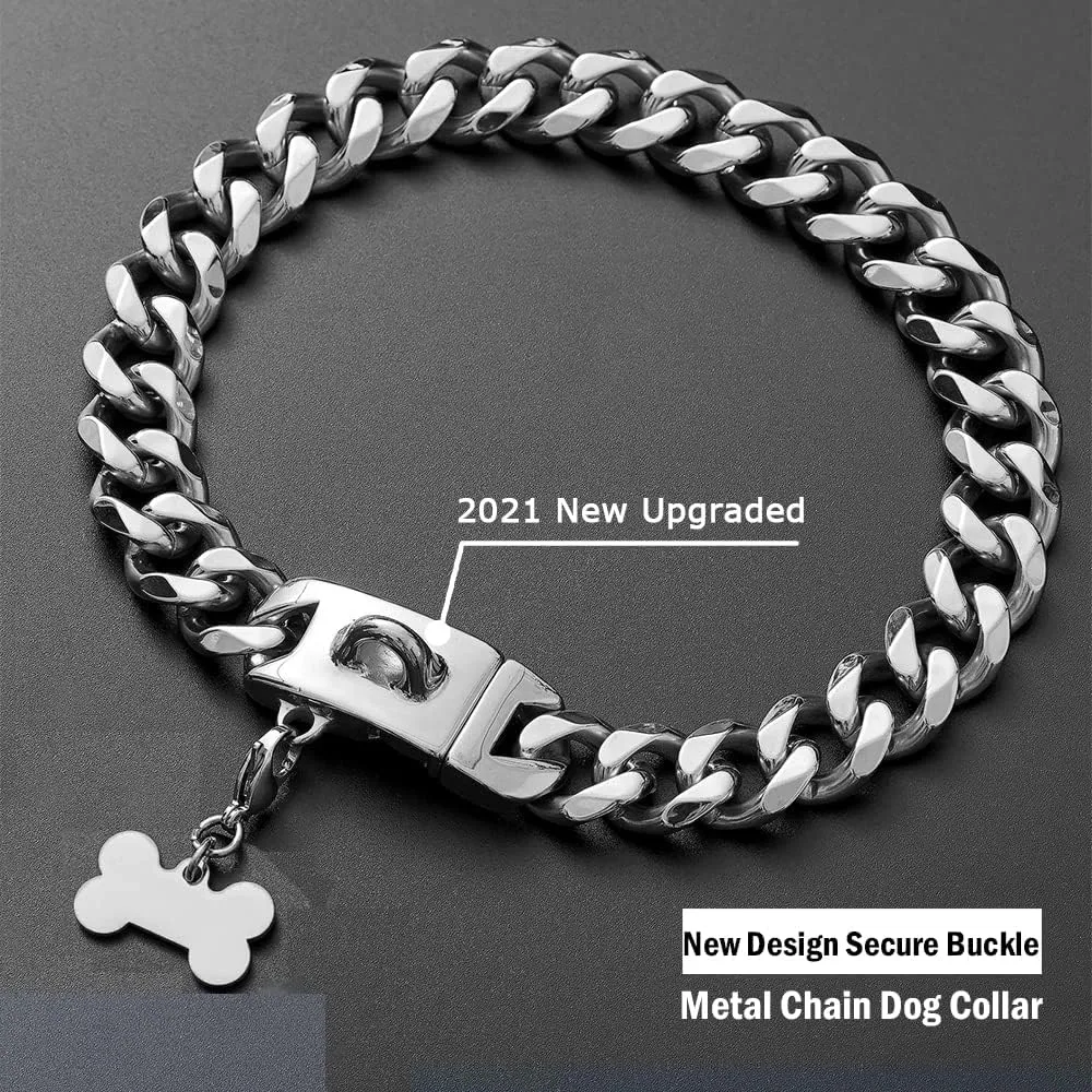 Silver Metal Dog Chain Collar with Design Secure Buckle & ID Tag,Pet Necklace,Strong Stainless Steel Cuban Link Chain,Chew Proof Indestructible Choke Training Collar for Small Dogs(19MM 10'')
