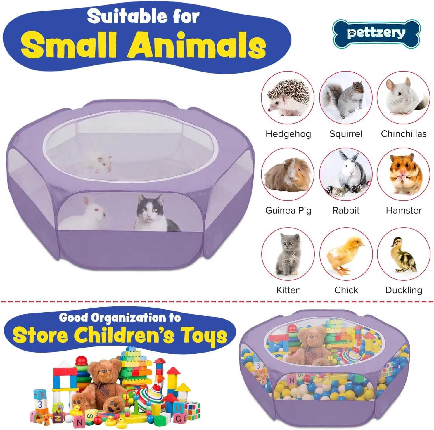 Small Animal Playpen with Zippered Top, Portable Waterproof Pet Cage (47"x23") for Kitten, Bunny, Guinea Pig, Hamster, Chicken Brooder, Indoor & Outdoor Exercise Pen, Foldable Design