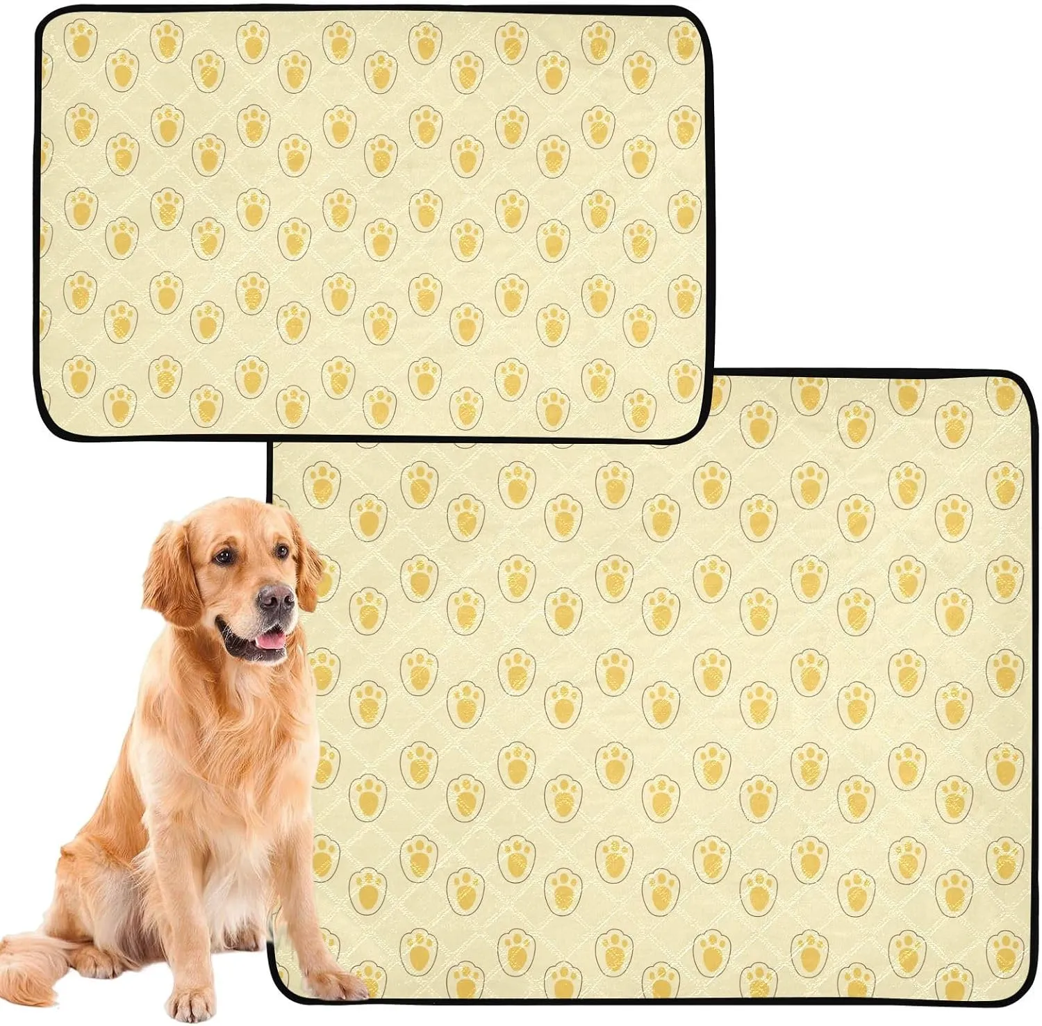 susiyo 2 Pcs Washable Dog Pee Pads Easter Rabbit Footprints Yellow Reusable Pet Pads - 1 Medium and 1 Large
