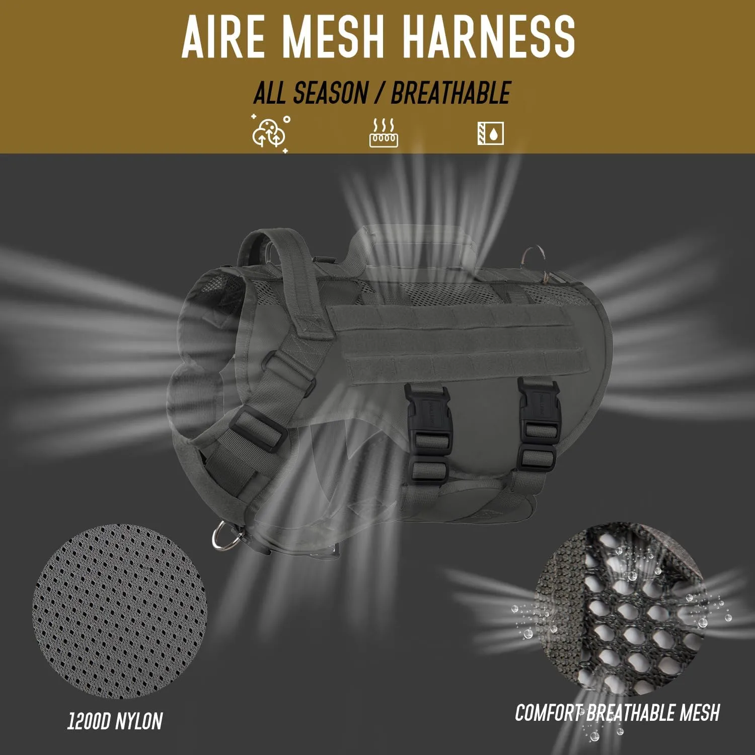 Tactical Dog Harness for Large Dogs, Breathable Air Mesh Dog Vest Harness, Service Dog Vest with Double Handles, No Pull Military Molle Vests for Walking Hiking Training