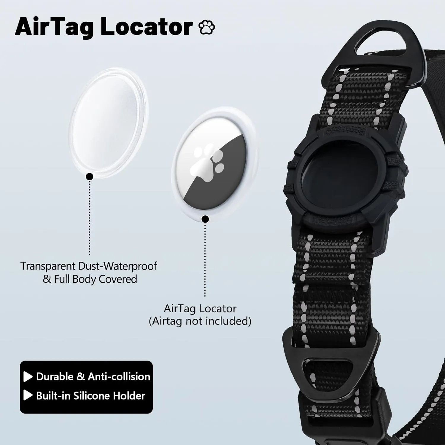 Taglory Reflective AirTag Dog Collar with Airtag Holder, Dual D-Rings, Safety Locking Buckle Durable, Adjustable Soft Padded for Small Dogs, Black, S