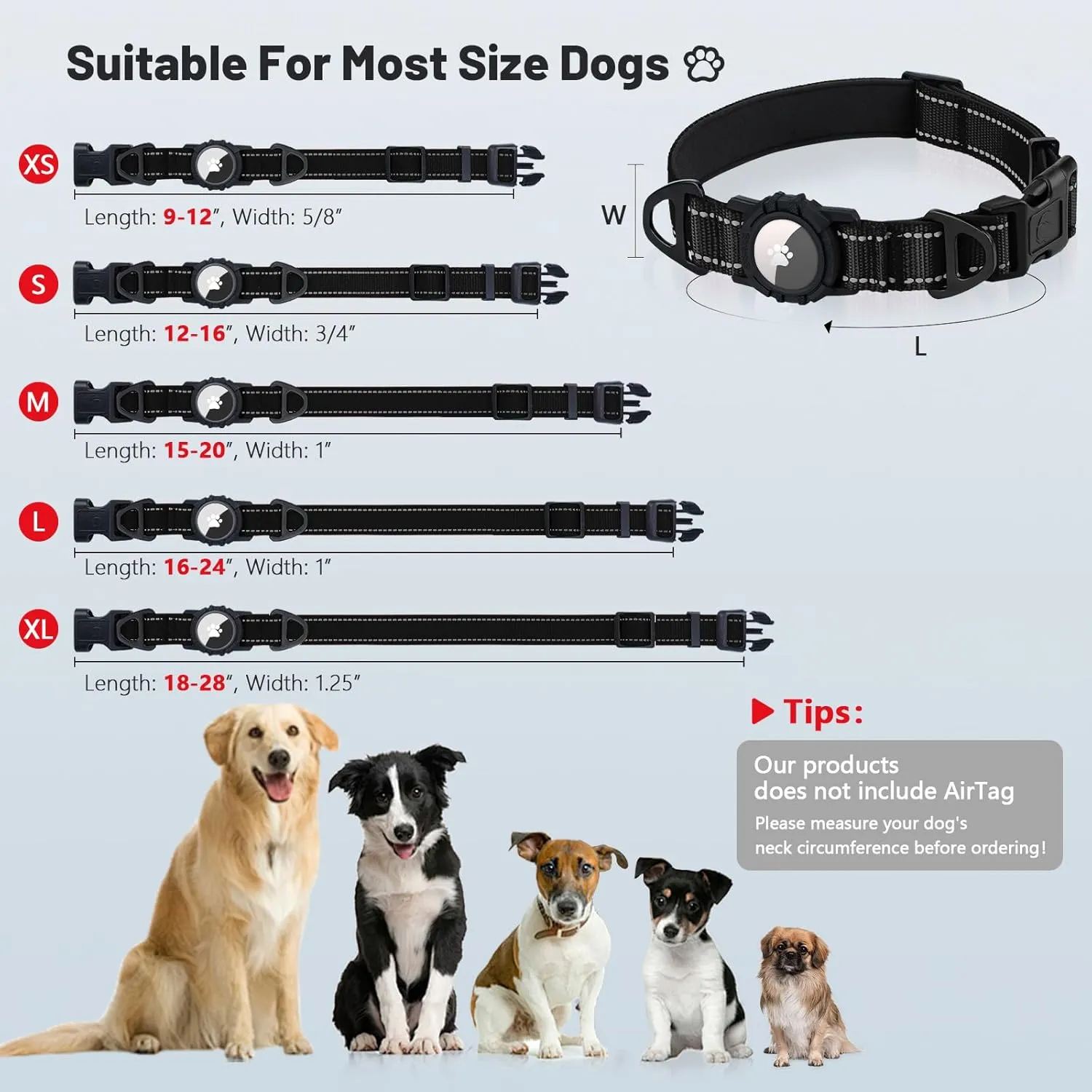 Taglory Reflective AirTag Dog Collar with Airtag Holder, Dual D-Rings, Safety Locking Buckle Durable, Adjustable Soft Padded for Small Dogs, Black, S