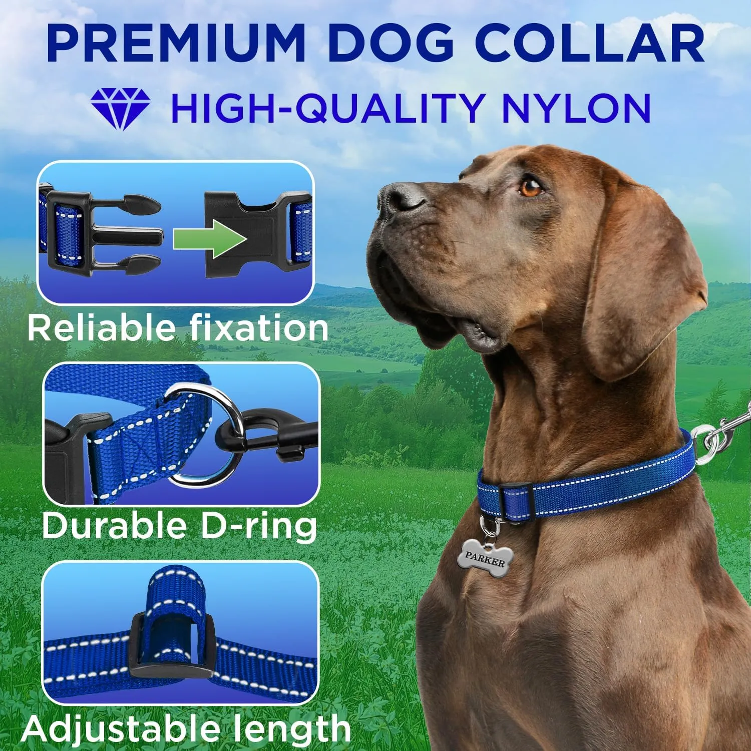 TECEUM Reflective Dog Collar Navy Blue M Extra Soft Padding Basic Nylon Pet Collar Quick Release Buckle Fits Small, Medium and Large Dogs, Puppies, Cats ESA & Service Dog Options