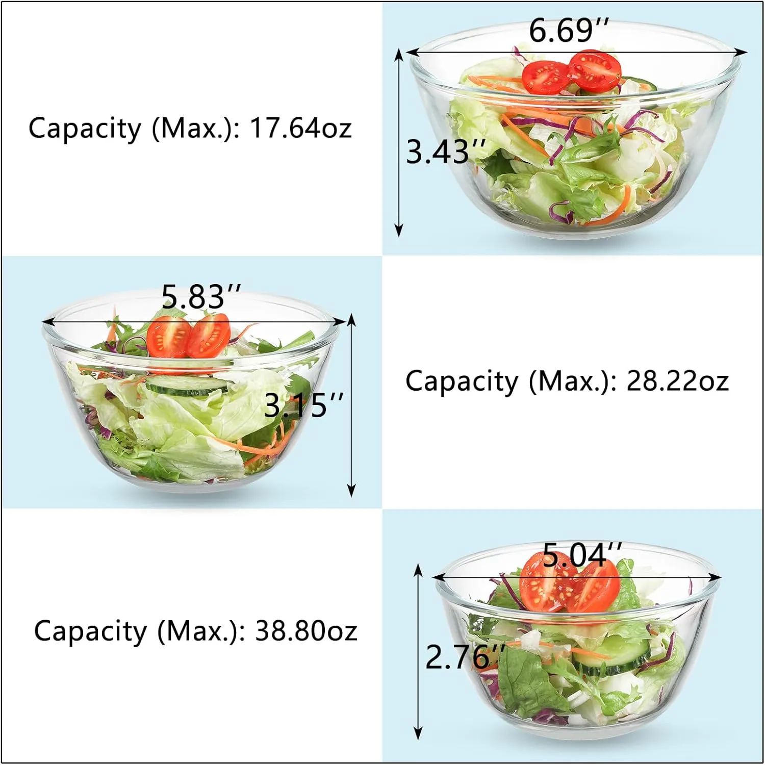 WHJY 3 Pack of 7 Inch Glass Cereal Bowls - Borosilicate Glass Construction, Modern Style, 17.64 Ounces Capacity Each